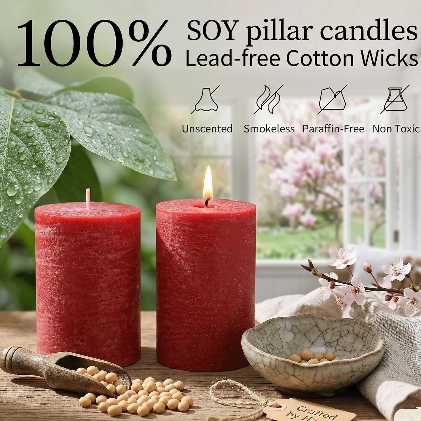 Red Rustic Pillar Candles 6 Pack, 2.8" x 4" Soy Wax Candles, Up to 55 Hours Burn Time, Smokeless Unscented Farmhouse Candles for Home Decor, Wedding & Emergency Use
