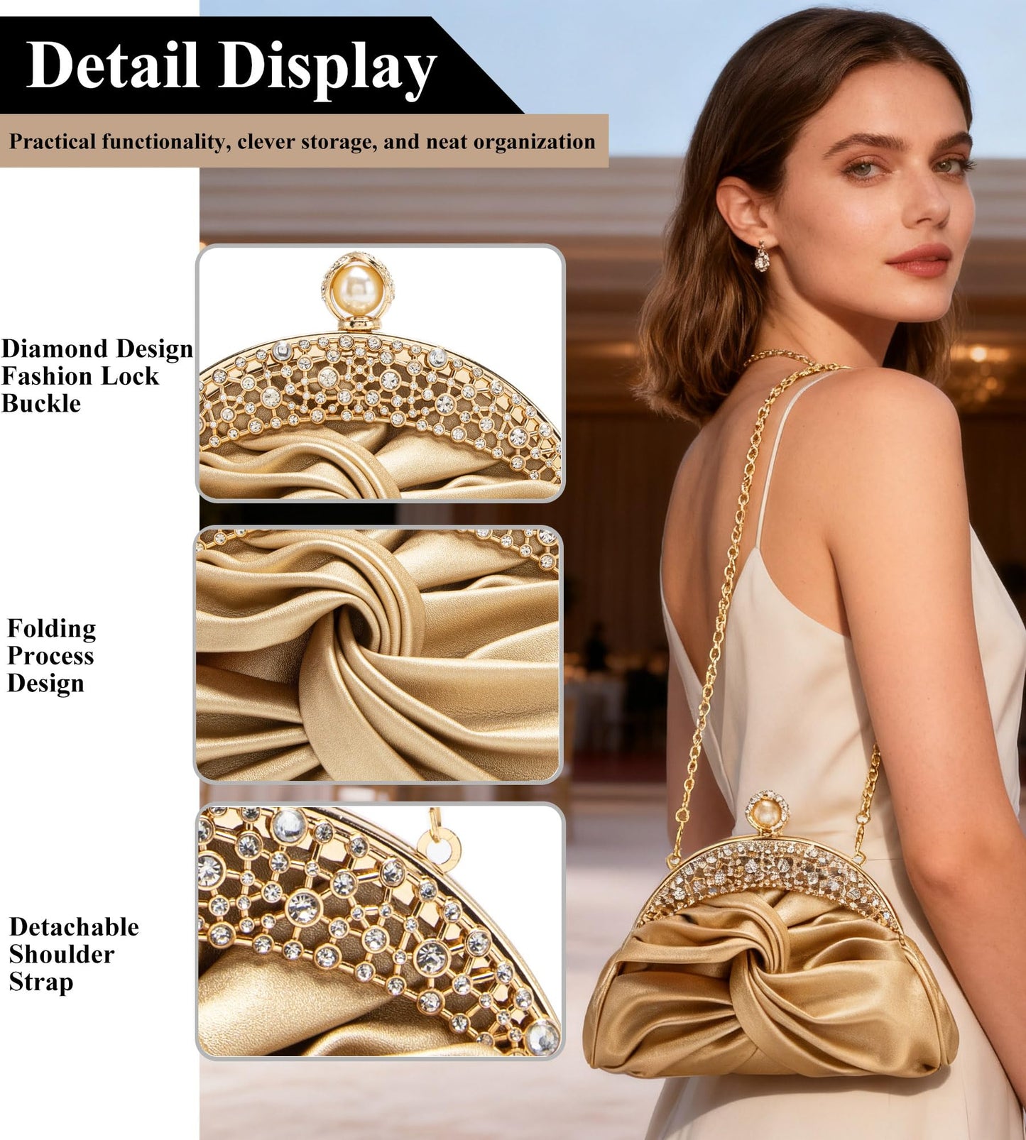 Sweetovo Rhinestone Evening Clutch Purse for Women, Sparkly Party Shoulder Handbag Wedding Bag with Chain (Gold)