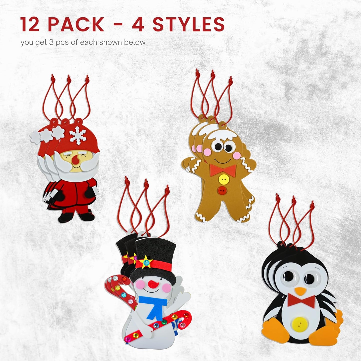 4E's Novelty Foam Christmas Character Ornament Crafts for Kids (12 Pack) Santa, Gingerbread Man, Snowman, & Penguin Christmas Crafts for Kids Toddlers 4-8, 3-12 DIY Ornament Craft Kit Bulk
