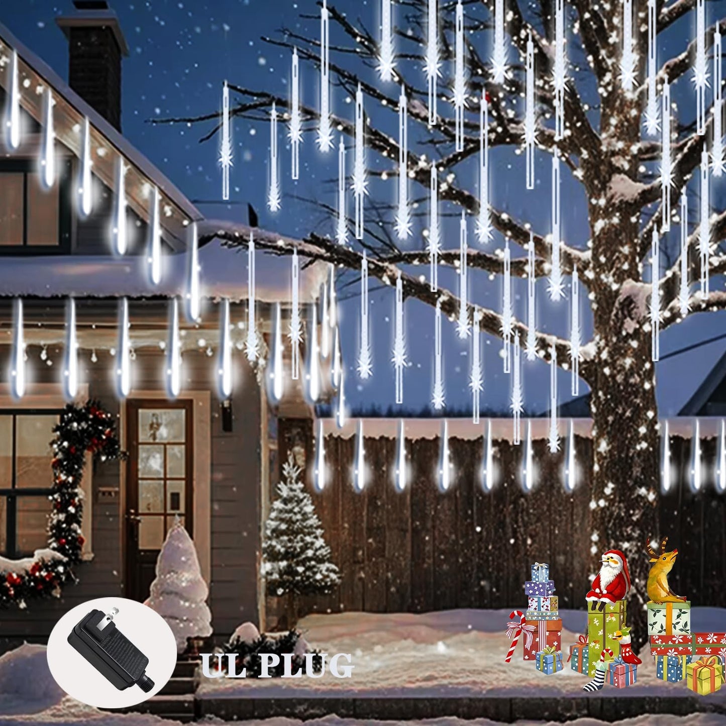 Meteor Shower Lights Outdoor Christmas Lights 24-Tube 576LEDs Snow Falling Rain Cascading Icicle String Light for Xmas Tree Christmas Decorations Wedding Party Holiday Yard Garden Decor, UL Plug White