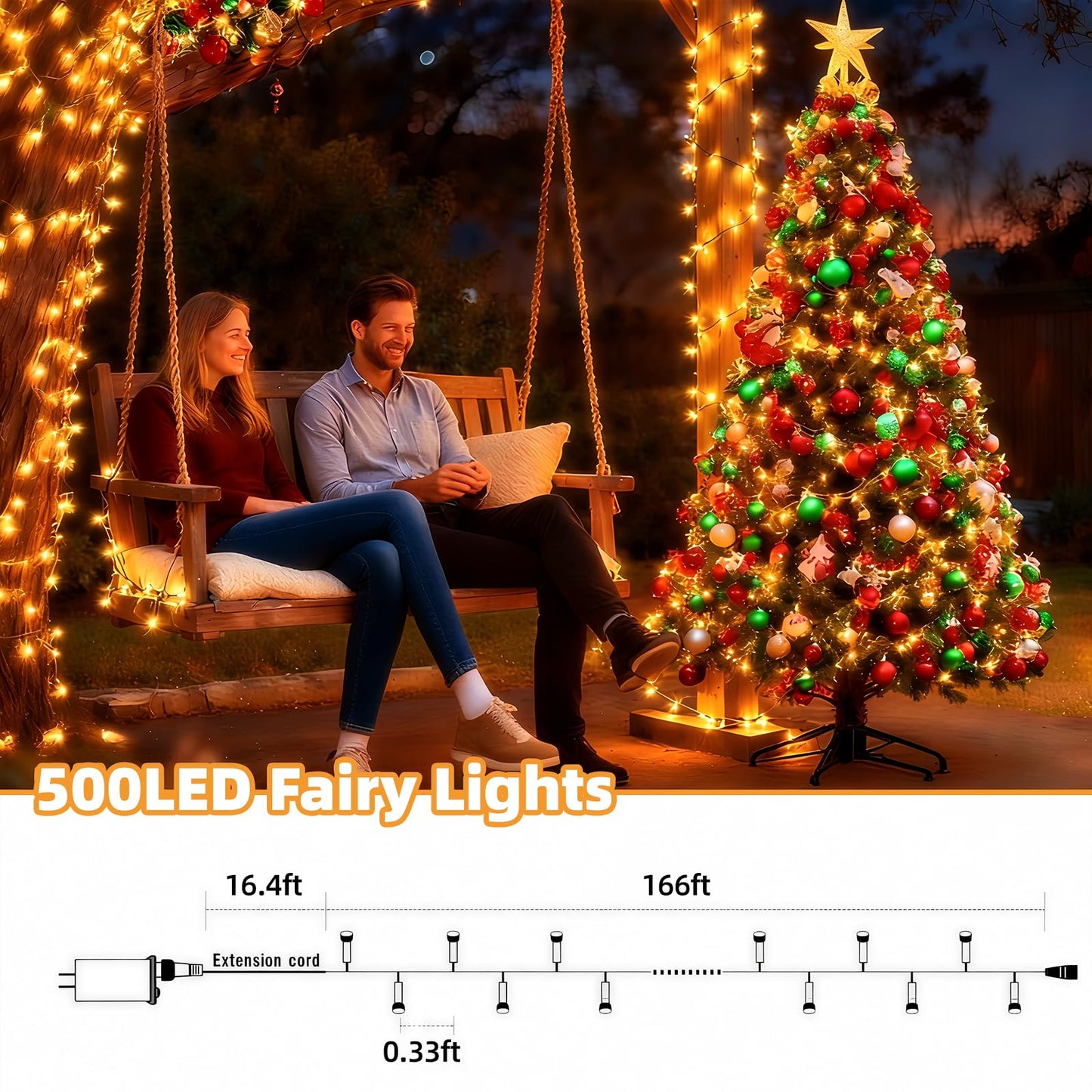 AHAWILL Warm White Christmas Lights Outdoor,166FT 500LED String Lights with 8 Modes,Christmas Tree Lights Indoor Plug in,Waterproof Twinkle Fairy Lights for Party,Classroom,Home Decor