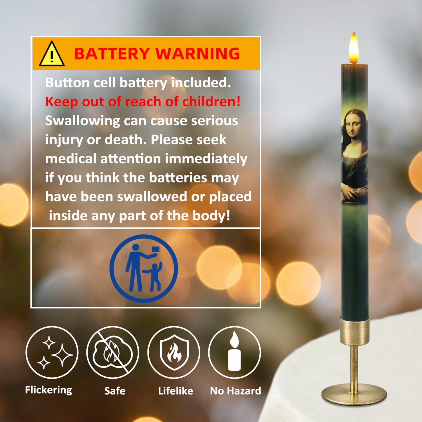 Mona Lisa Flameless Taper Candles - 10 Inch Set of 2 with Remote, Da Vinci Art Print LED Candles, Battery Operated Decorative Candles for Artistic Home Decor for Living Room, Study, Art Lover Gift