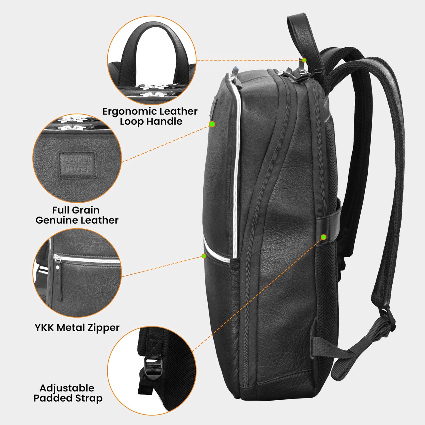 LEATHER VILLAGE Leather Laptop Backpack for Men | Black | Slim Professional Business Bag Fits 15.6”-Laptop | Water-Repellent Work & Travel Daypack with Trolley Strap