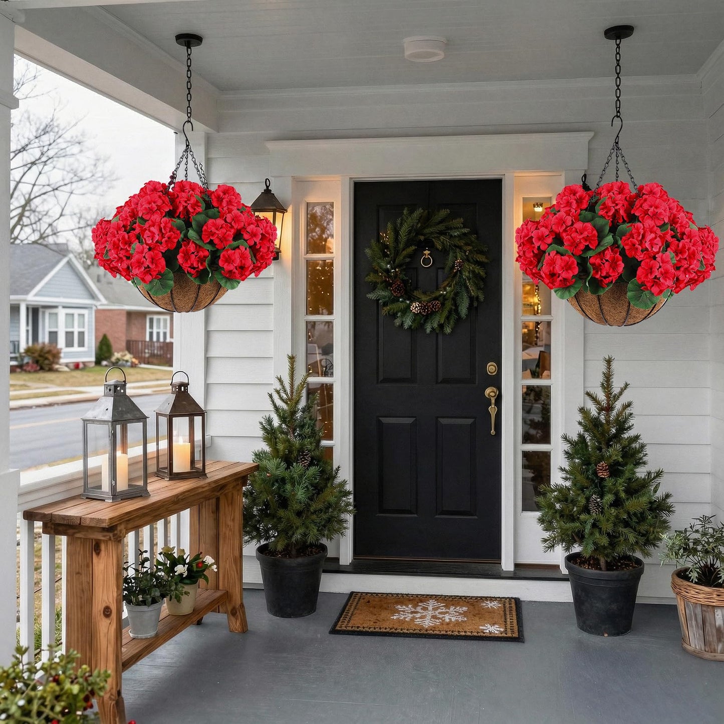 Hananona 2 Set Artificial Red Geraniums Flowers for Outdoors with Hanging Baskets, 2 Hanging Planters with 12 Pcs Red Geranium Flowers for Christmas Front Porch Garden Patio Home Decor (2, Red)