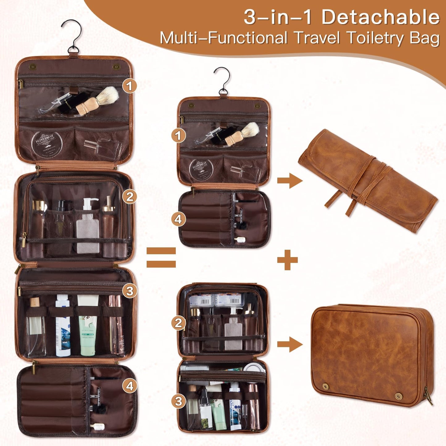 Aganmi Personalized Hanging Toiletry Bag Travel Gifts for Men Him, 3-in-1 Large Laser-Engraved Initial Waterproof PU Leather Shaving Bag Valentines Birthday Gift for Men Dad Husband Light Brown M