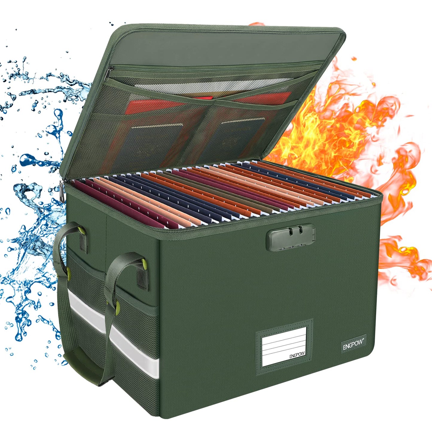 ENGPOW File Box with Lock, Fireproof Document Box with Zipper Lid, Collapsible File Storage Organizer Filing Cabinet with Handle, Portable Home Office Safe for Hanging Letter/Legal Folders, Green