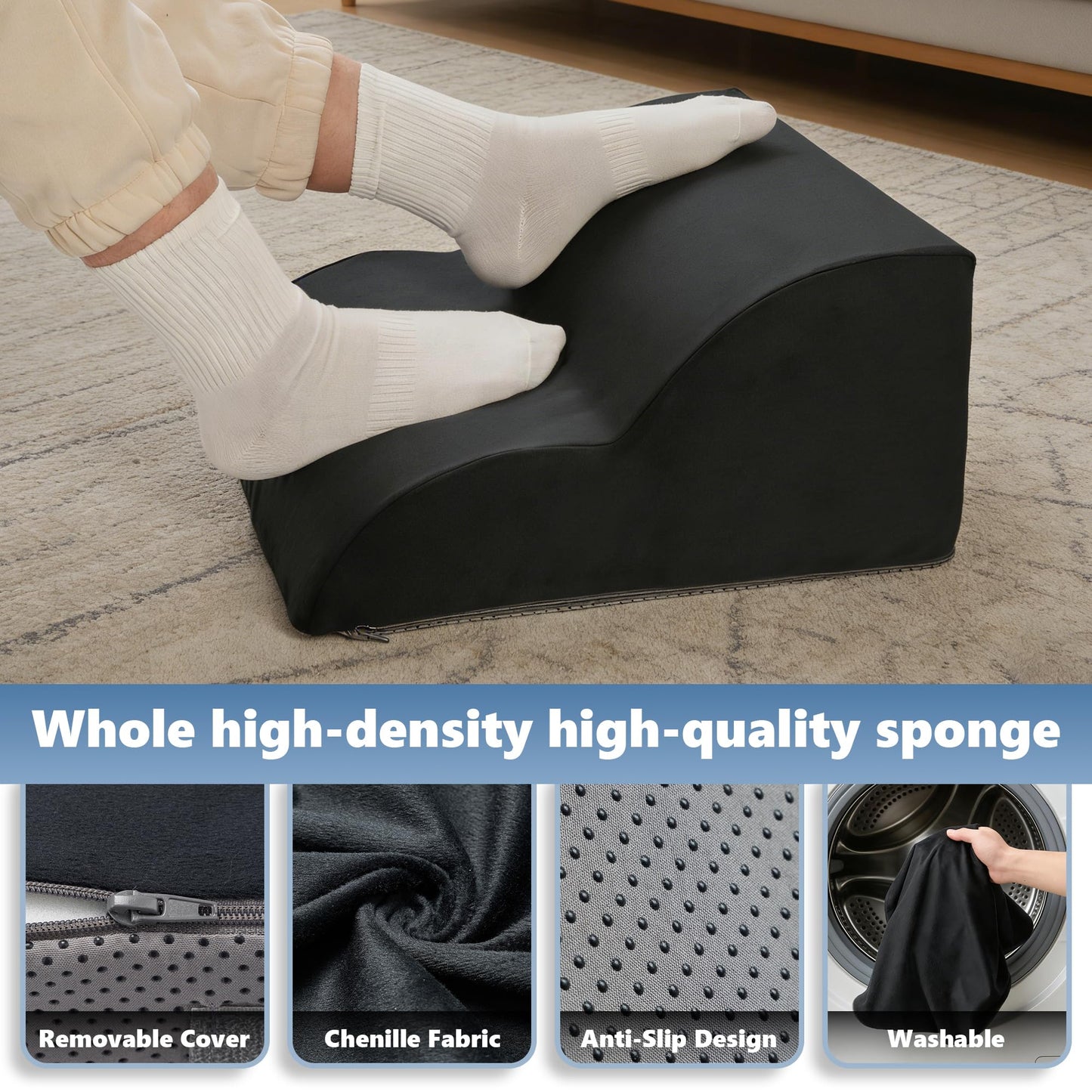 Removable & Washable Foot Rest for Under Desk, 2-Tier Adjustable Foot Stool for Office and Home, Ergonomic Footrest for Seating Comfort at Work/Study (Machine Washable Cover-Black)
