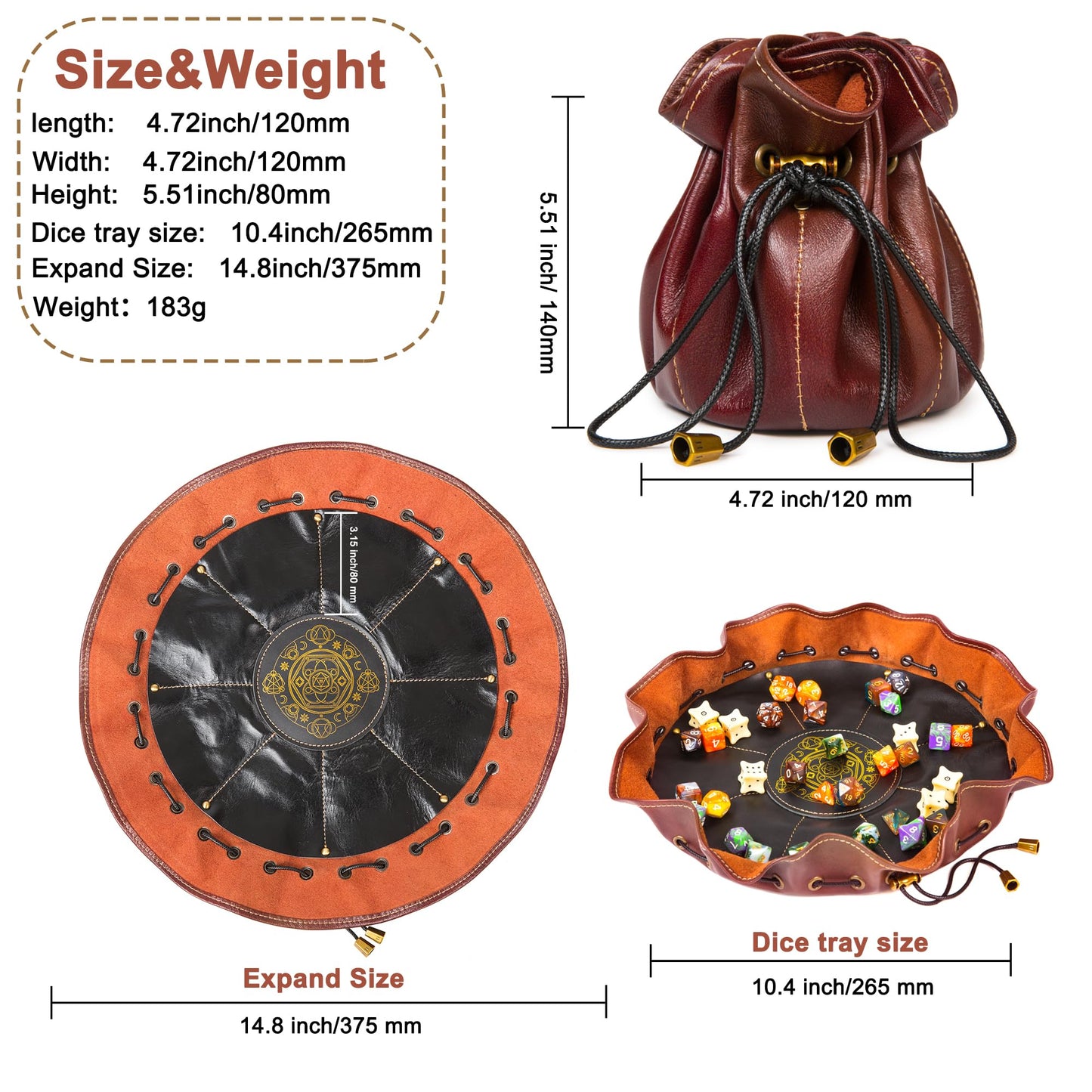 Chuleag Full-Grain Leather Dice Pouch with Built-in Rolling Tray, Magic-Themed, Large Capacity Collector's Organizer for D&D, RPGs & Dice Enthusiasts