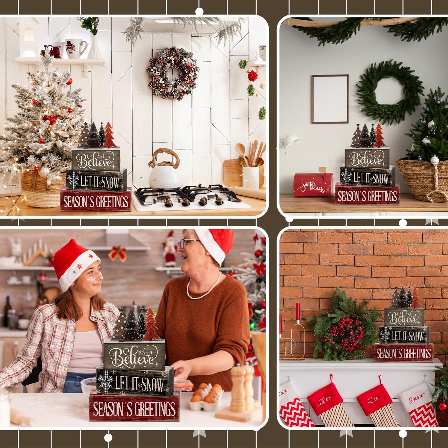 Moucuny 4 Pcs Christmas Table Decor Christmas Tree Centerpiece Rustic Decorative Tree Block Signs Gift Winter Tiered Tray Decor Farmhouse Winter Tabletop Decoration for Home Xmas Party Kitchen Shelf