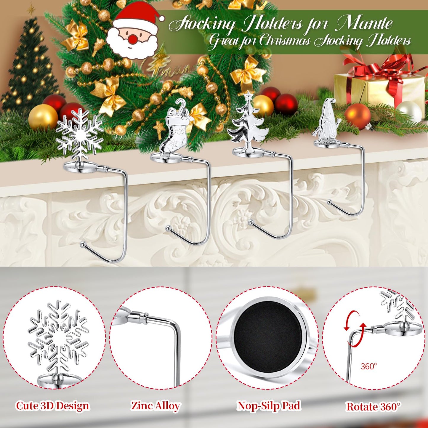 Christmas Stocking Holders for Mantel Set of 8, Non-Slip Adjustable Mantle Stocking Holders, Snowflake Snowman Reindeer Angel Bell Fireplace Stocking Hangers Set for Party Christmas Decorations