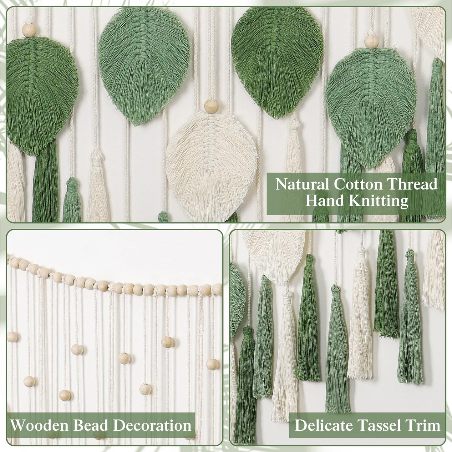 Betylifoy Large Macrame Wall Hanging Boho Handmade Woven Tapestry with Wood Beads Beige Green Chic Leaf Feather Boho Wall Art Decor Macrame Tapestry Wall Decor for Bedroom Living Room Nursery Apartment 51.2"W X 31.5"L