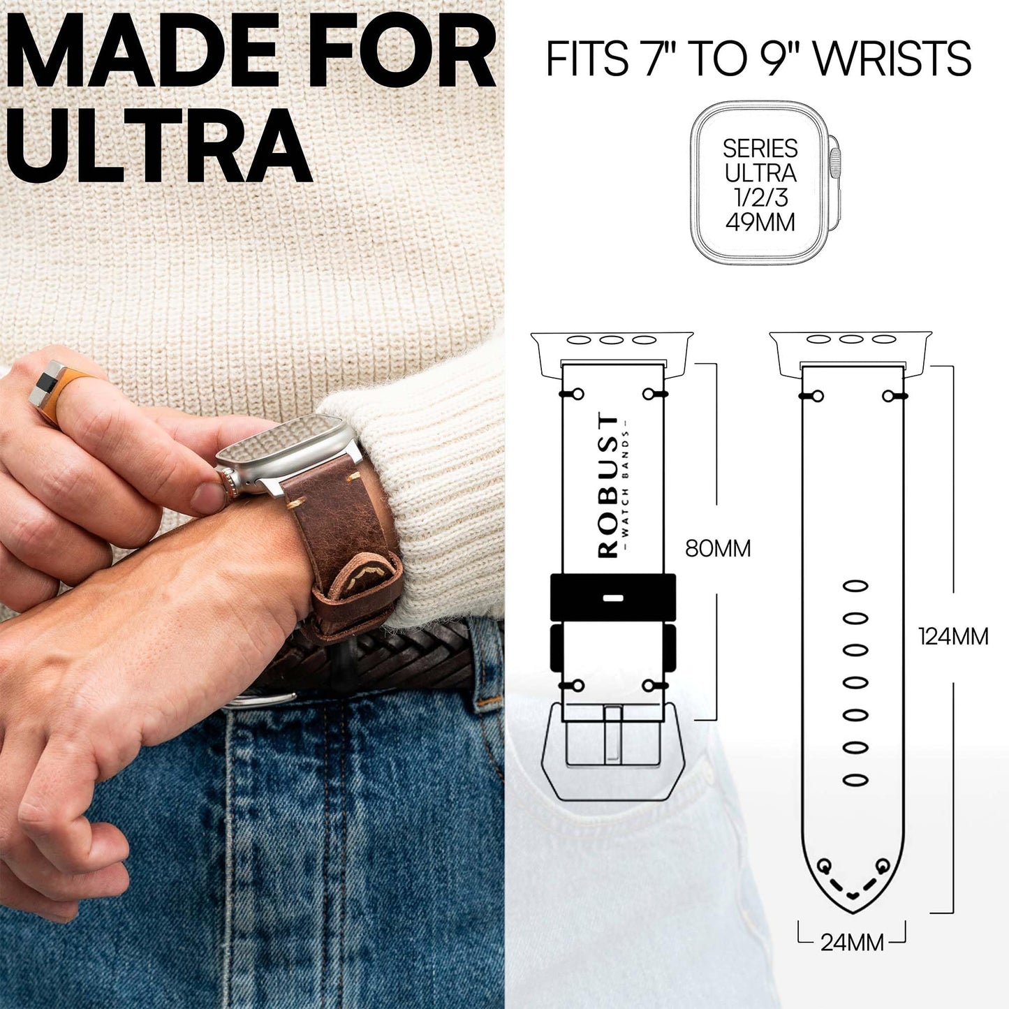 ROBUST Genuine Leather Watch Band for Men - Compatible with Apple Watch Bands 49mm - Replacement Strap for iWatch Ultra 2/1 SE, SE 2 Series 10 9 8 7 6 5 4 - Brown Leather With Natural Titanium Buckle