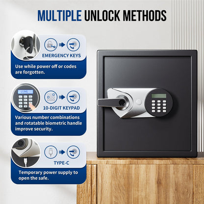 BlackSmith Biometric Safe Box 1.5 Cub Home Security Safe Fingerprint Recognition Money Safe with Keys Keypad Lock Box Secure Jewelry Valuables with Dual Alarm System Fireproof Bag, Black