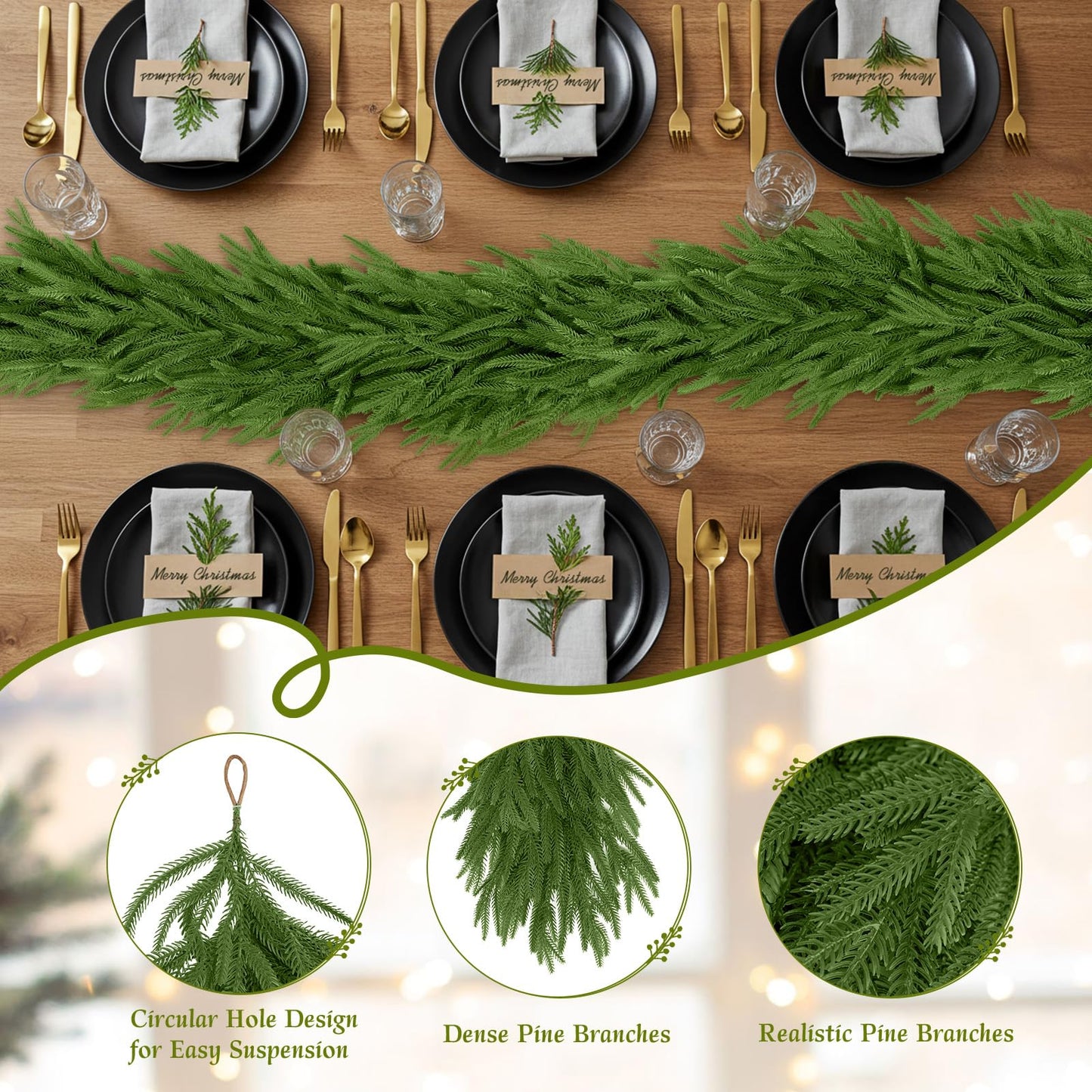 N&T NIETING Christmas Norfolk Pine Garland Real Touch Artificial Christmas Green Xmas Garland for Mantle, Table Holiday Fireplace Staircase Indoor Outdoor Christmas Decorations (9 FT)