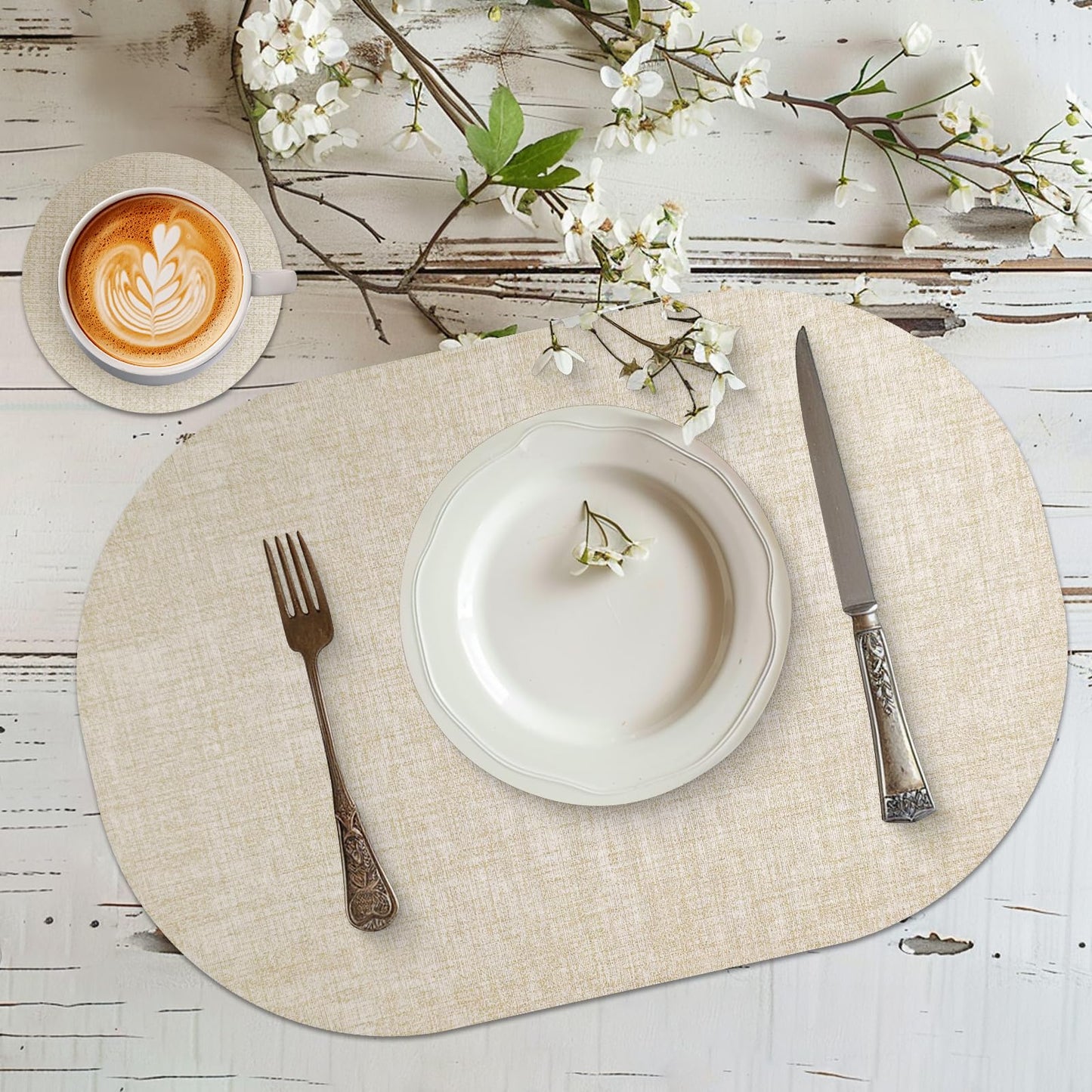 yuuzue Faux Leather Placemats Set of 6 with Matching Coasters, Heat Resistant PU Oval Placemats, Waterproof Wipeable Washable Place Mats, Non-Slip Table Placemats for Dining Table Kitchen Patio