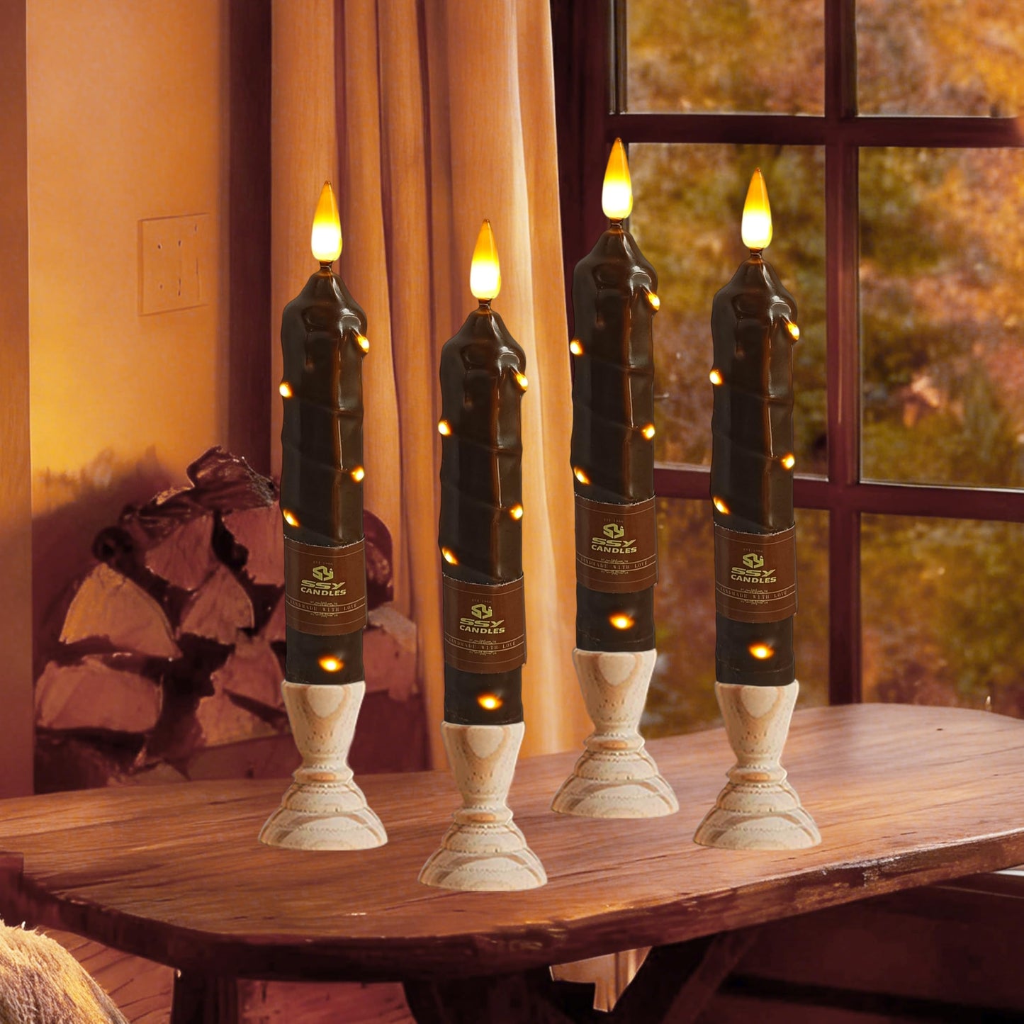 6.5 Inch Brown Flameless Taper Candles - 4 Pack Handmade Real Wax LED String Surface Candles with 10 Key Remote Timer Battery Operated LED Taper Candle for Thanksgiving Christmas Holiday Decor