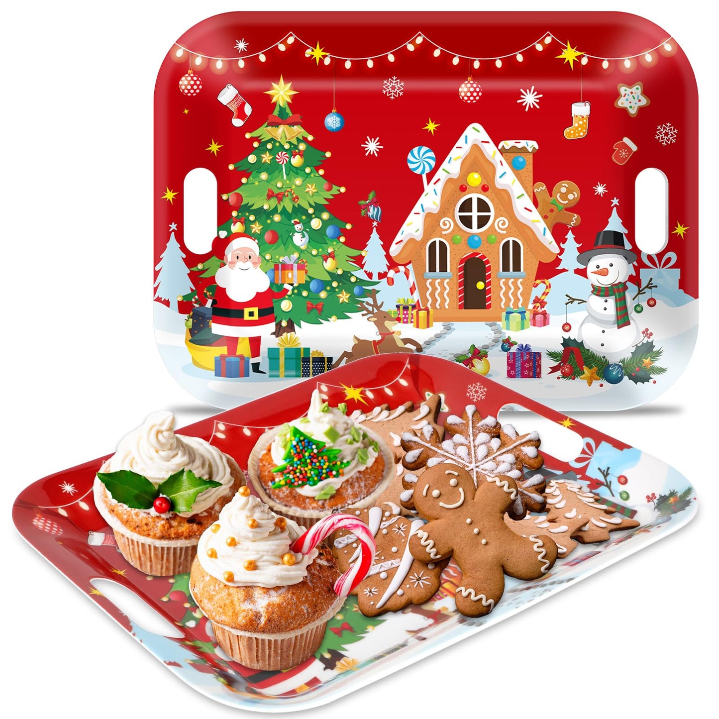 gisgfim 2PCS Christmas Serving Tray with Handles 16 X 11 Inch Large Melamine Platter Serving Dishes Rectangular Xmas Tree Santa Snowman Gingerbread House Food Tray for Snack Cookie Candy Dessert Plate
