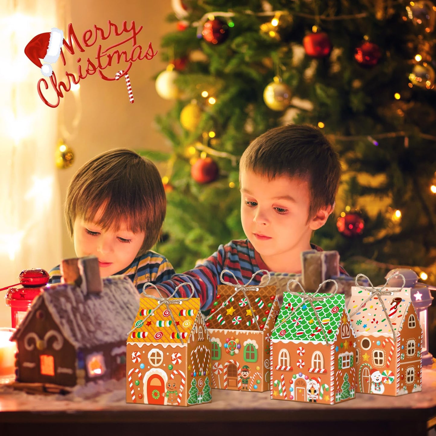 Zhanmai 48 Pcs Christmas Treat Boxes Candy Gingerbread House Mini Christmas Party Favor Box Small Paperboard Gift Container for Xmas Holiday Party Treat Cookie Goodie Snack Gift Packaging