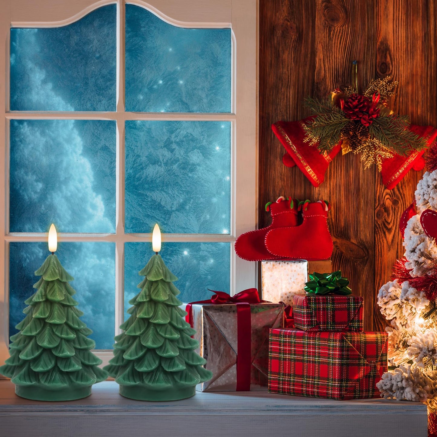 DRomance Christmas Tree Flameless Candles Battery Operated with 6 Hour Timer, 2 Pack Green Real Wax Lifelike Leaves 3D Wick LED Flickering Candles Dinner Party Holiday Indoor Decor(2.76" x 5.9")