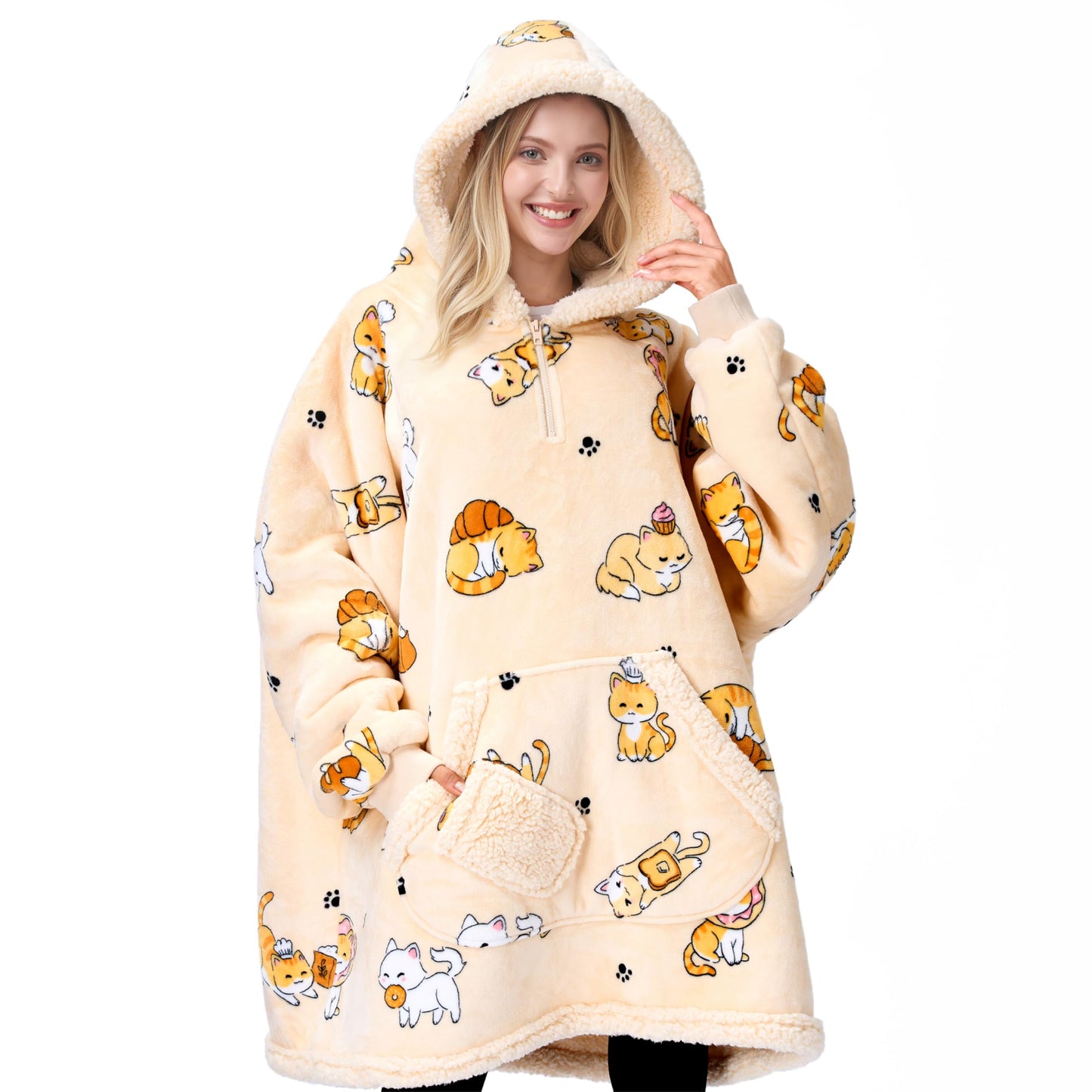 Giggling Getup Wearable Blanket Hoodie for Adults Gifts for Teen Girls Sister Women Sherpa Fleece Printed Hooded Blanket Sweatshirt Warm Cozy with Pocket & Sleeves Beige Cat