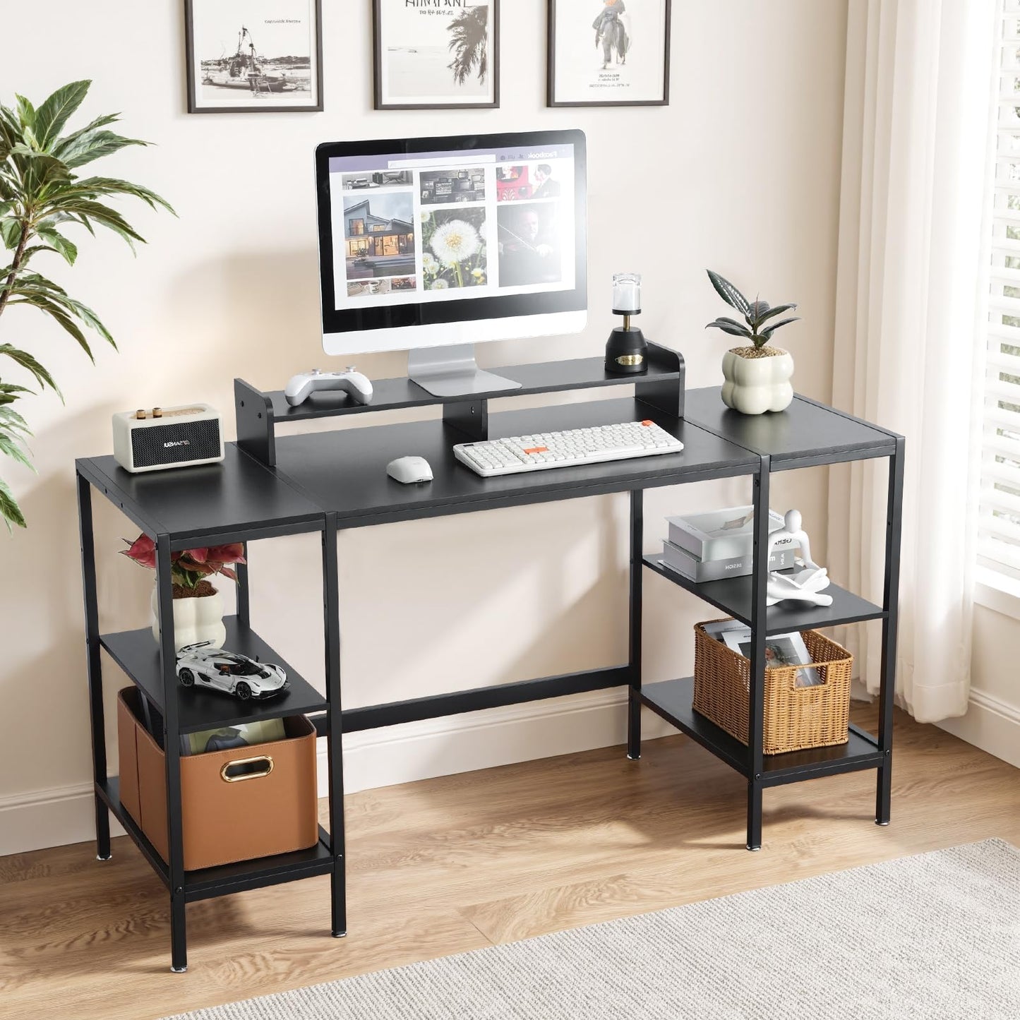 MINOSYS Computer Desk 55-inch with Storage Shelf - Black Ideal Gaming Desk for Bedrooms, Small Spaces, and Home Offices Modern Writing Desk for PCs.