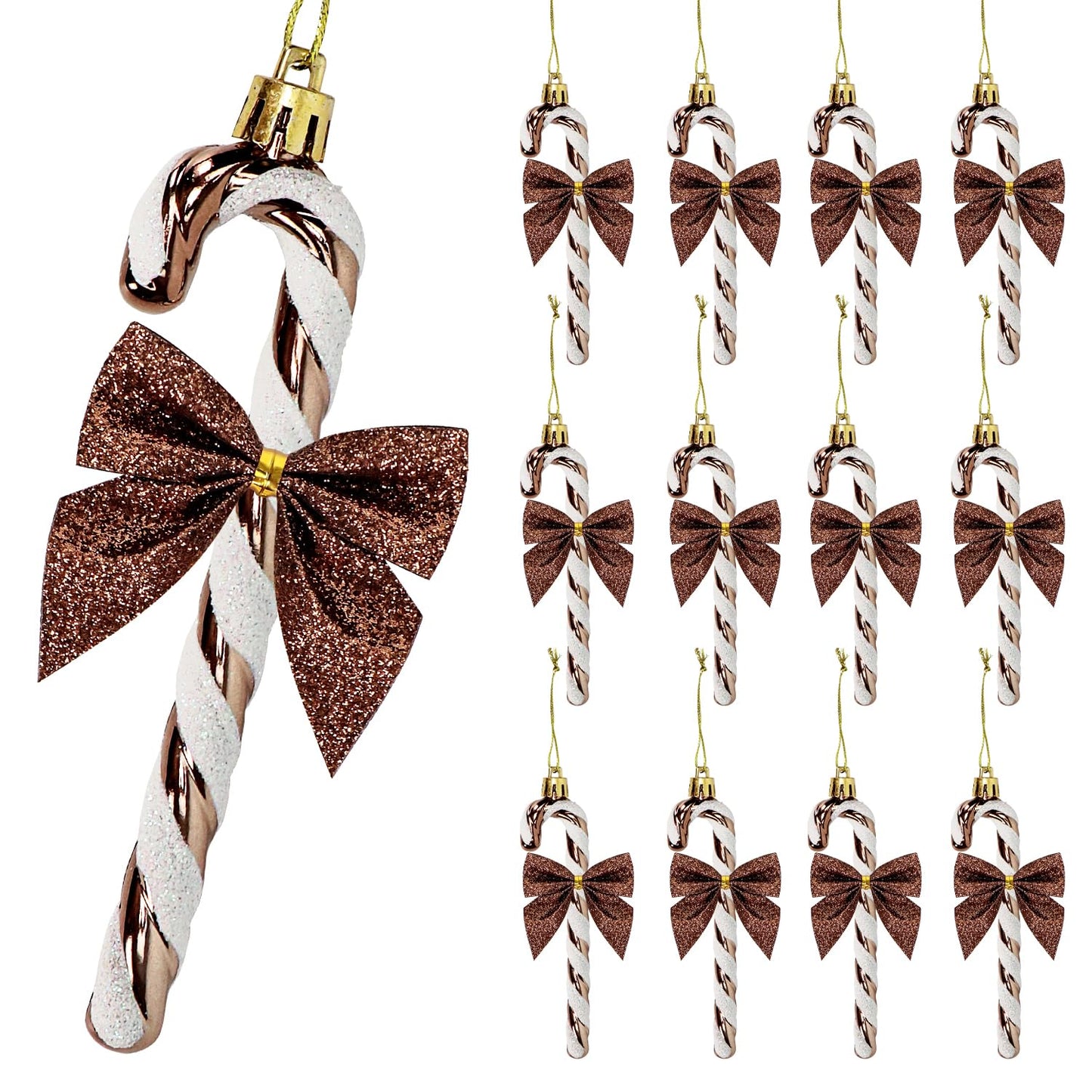 12 Pcs Candy Cane Christmas Decorations,5.5inch Glitter Candy Cane Bows for Xmas Tree Hanging Ornament Holiday Festival Party Home Decoration (Coffee)