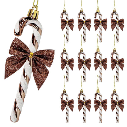 12 Pcs Candy Cane Christmas Decorations,5.5inch Glitter Candy Cane Bows for Xmas Tree Hanging Ornament Holiday Festival Party Home Decoration (Coffee)