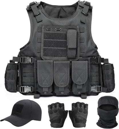Tactical Vest for Men - Black Molle Airsoft Gear with Cap | Durable & Lightweight