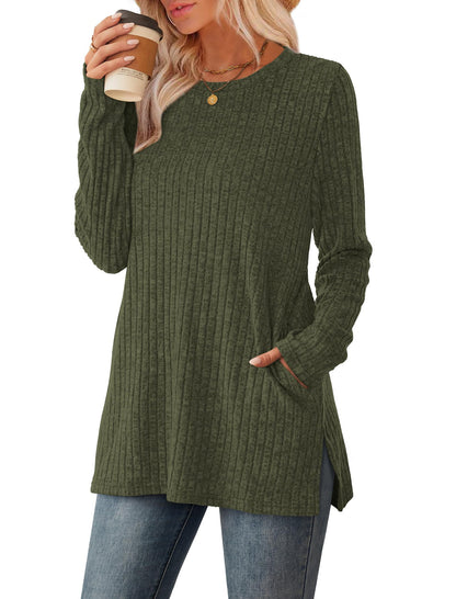 SAMPEEL Womens Sweaters Crewneck Long Sleeve Shirts with Pockets Fall Outfits 2025 Fashion Winter Clothing Side Slit