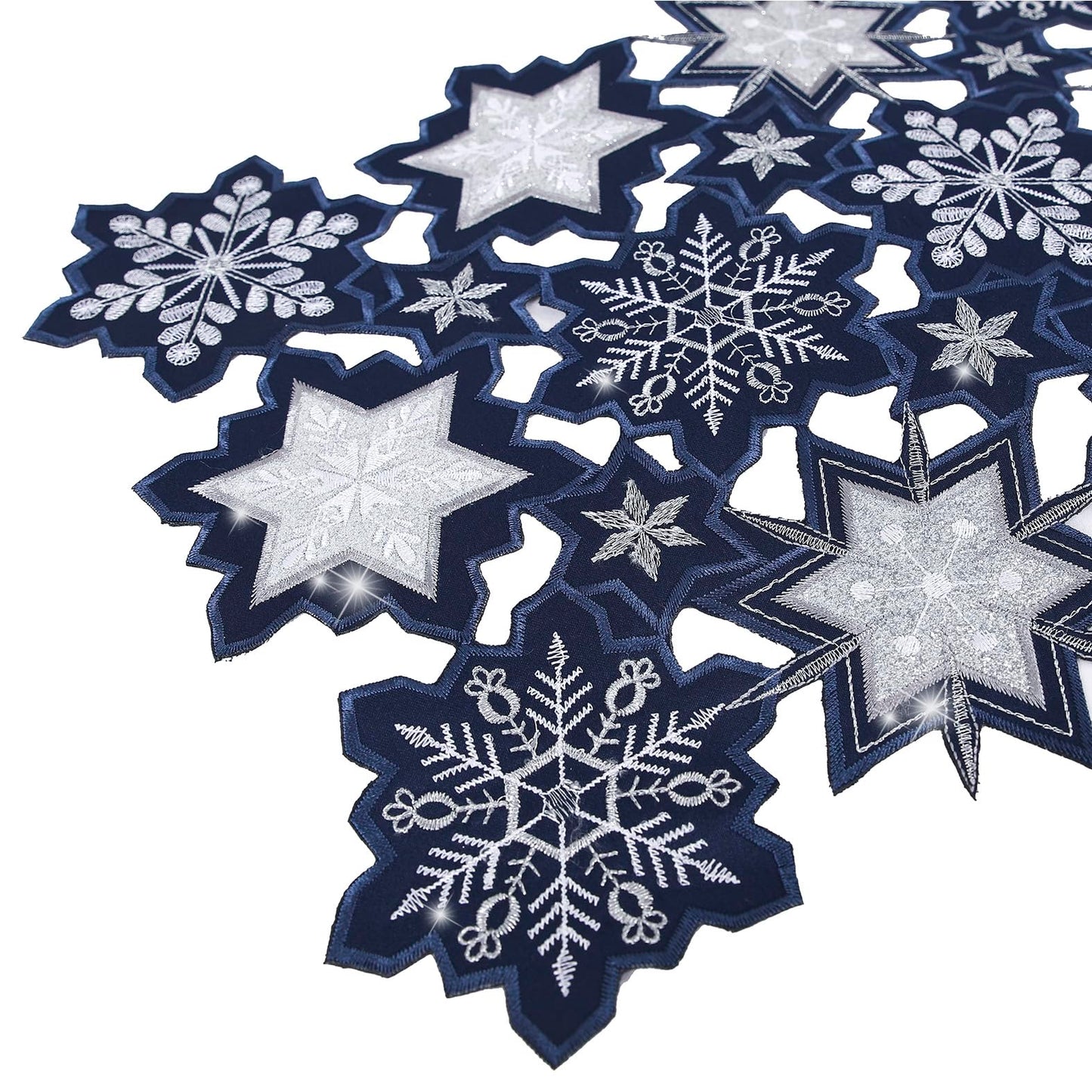 Christmas Table Runner Snowflake Navy Blue Table Decorations Navy Blue Embroided 54 inches Long Sparkle Sequin Silver Glitter Shiny Cutwork Holiday Festive Dining Decor New Year
