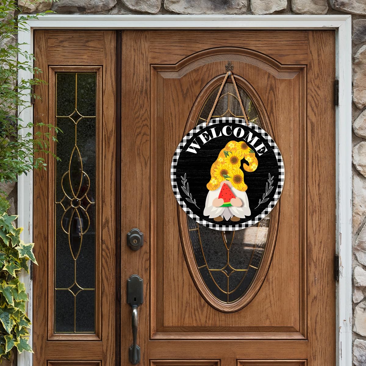 Interchangeable Gnome Welcome Sign Summer Patriotic 4th of July Porch Decor, Changeable Wood Gnomes Front Door Decoration Wreath Hanger for Spring Fall Winter All Seasons Holiday, Black Checkered