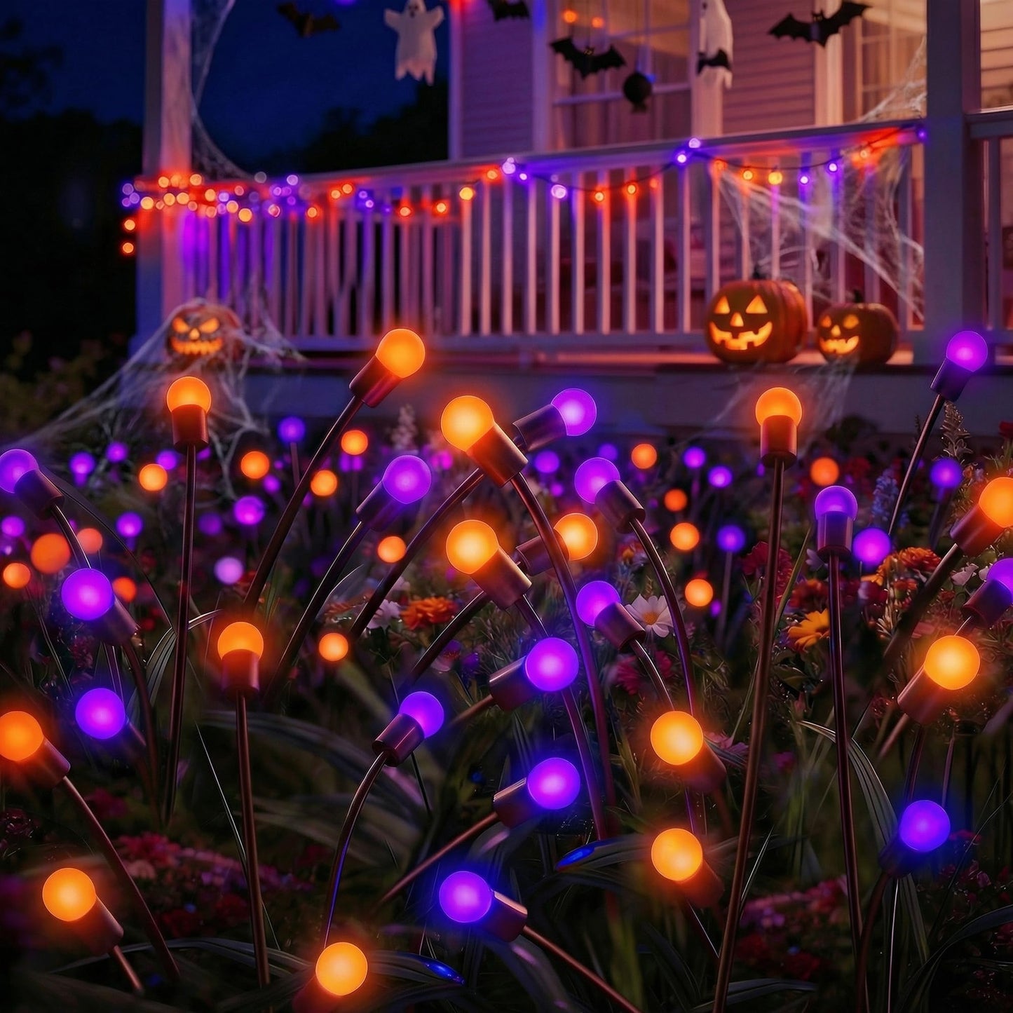Sukesou Halloween Firefly Solar Lights, 2 Pack 6 LED Orange Purple Swaying Pathway Lights, IP65 Waterproof Auto Dusk to Dawn Outdoor Landscape Lights for Yard Patio Lawn Party Decor
