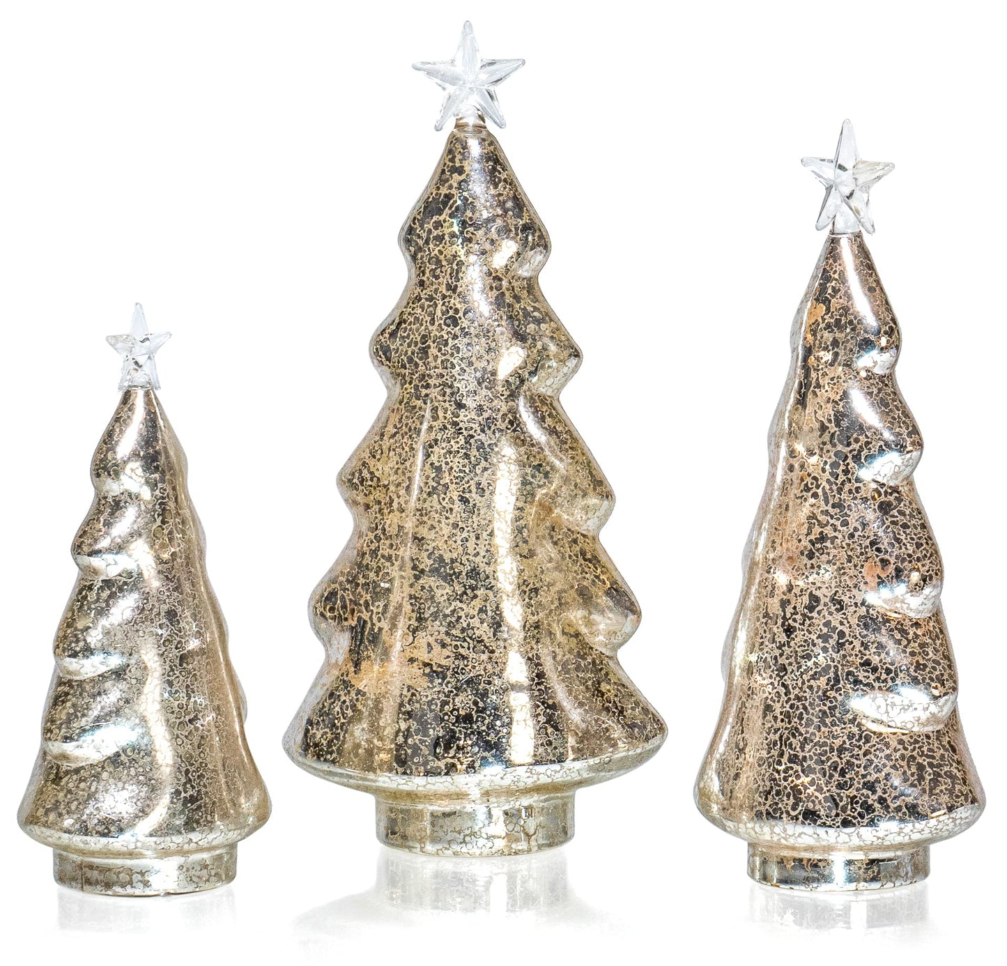 Red Co. 8.5”, 11”, 12.5” Light-Up Clear Glass Christmas Tree Tabletop Display Figurine Set of 3 Sizes, Mercury Gold