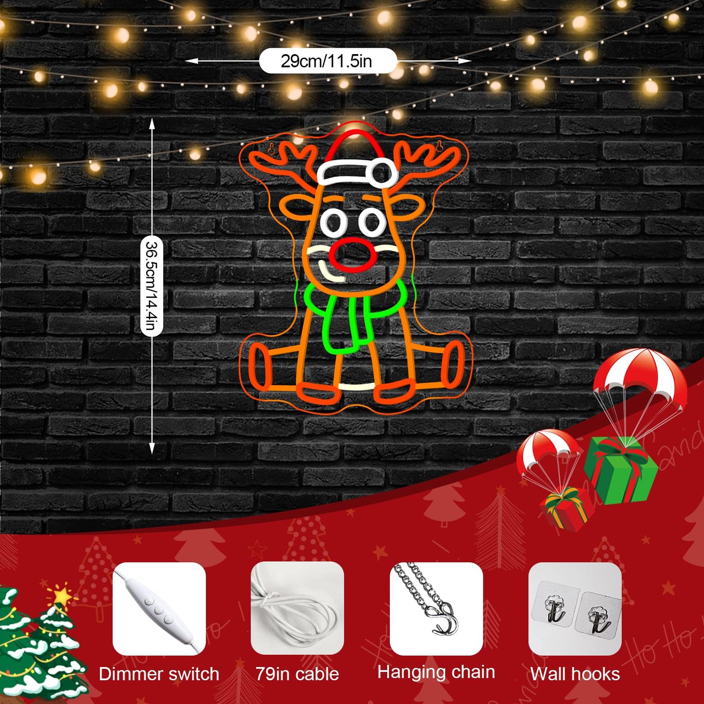 DREAMFORT Christmas Deer Neon Sign Festive LED Wall Decor for Holiday Home Decor, Christmas Party & Winter Festival, USB Powered Adjustable Brightness, Elegant Reindeer Design