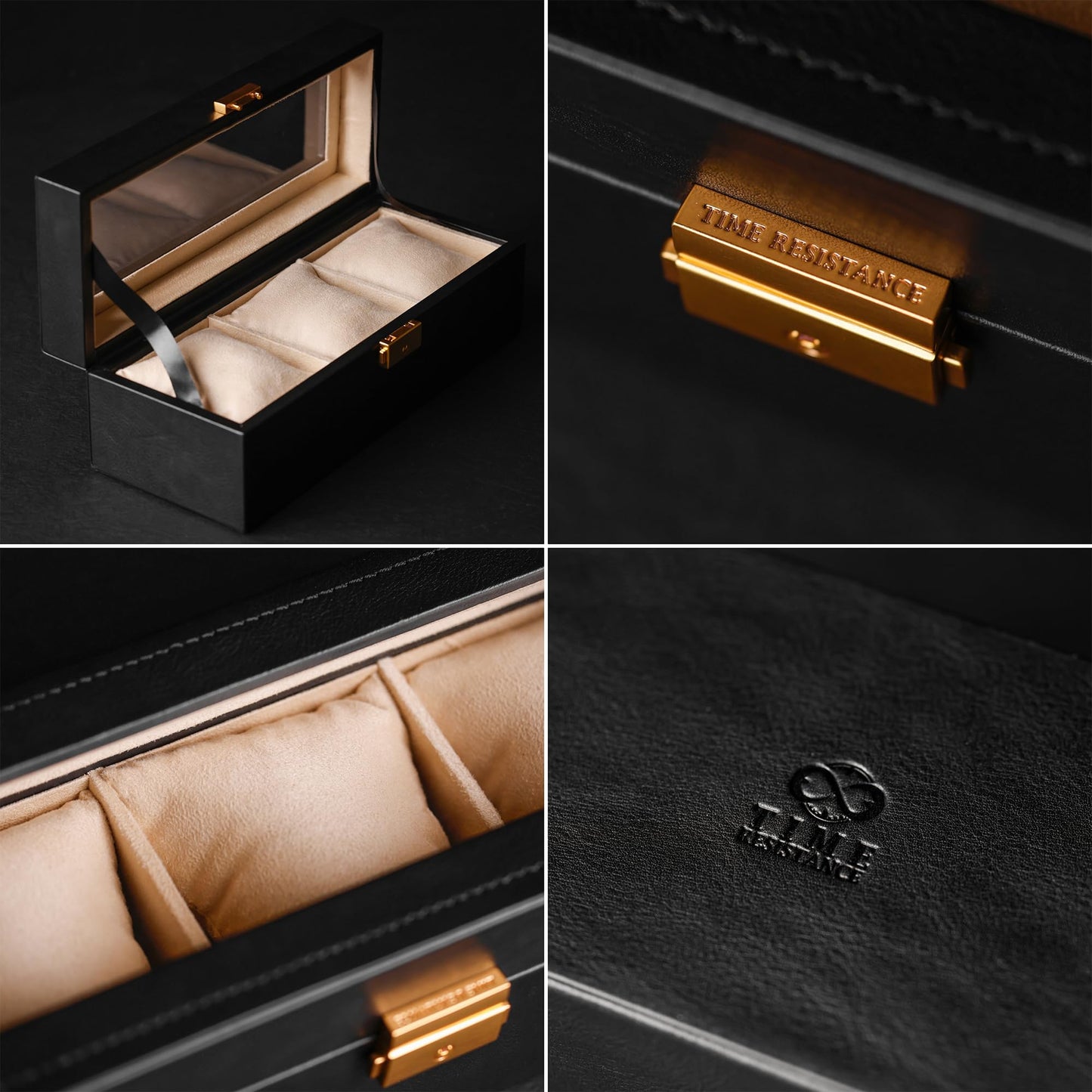 Time Resistance Leather Watch Box – 3-Slot Luxury Organizer for Men & Women – Italian Leather Watch Display Case (Black)