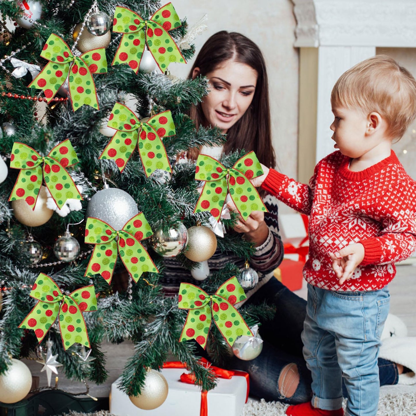 Wninbu 12 Pcs Red Green Christmas Bows,6 Inch Large Christmas Wreaths Bows for Tree Gift Wrapping Garland,Christmas Decoration Holiday Party Crafts Xmas Tree Ribbon Ornaments (Glitter dot-White)