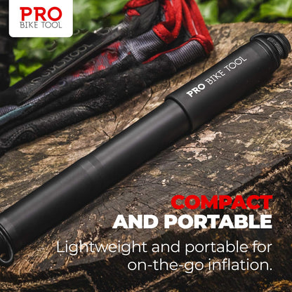 Pro-Bike Tool Mini Bike Pump with Gauge - Fits Presta & Schrader - Accurate Inflation - Mount Kit incl. - 100 PSI
