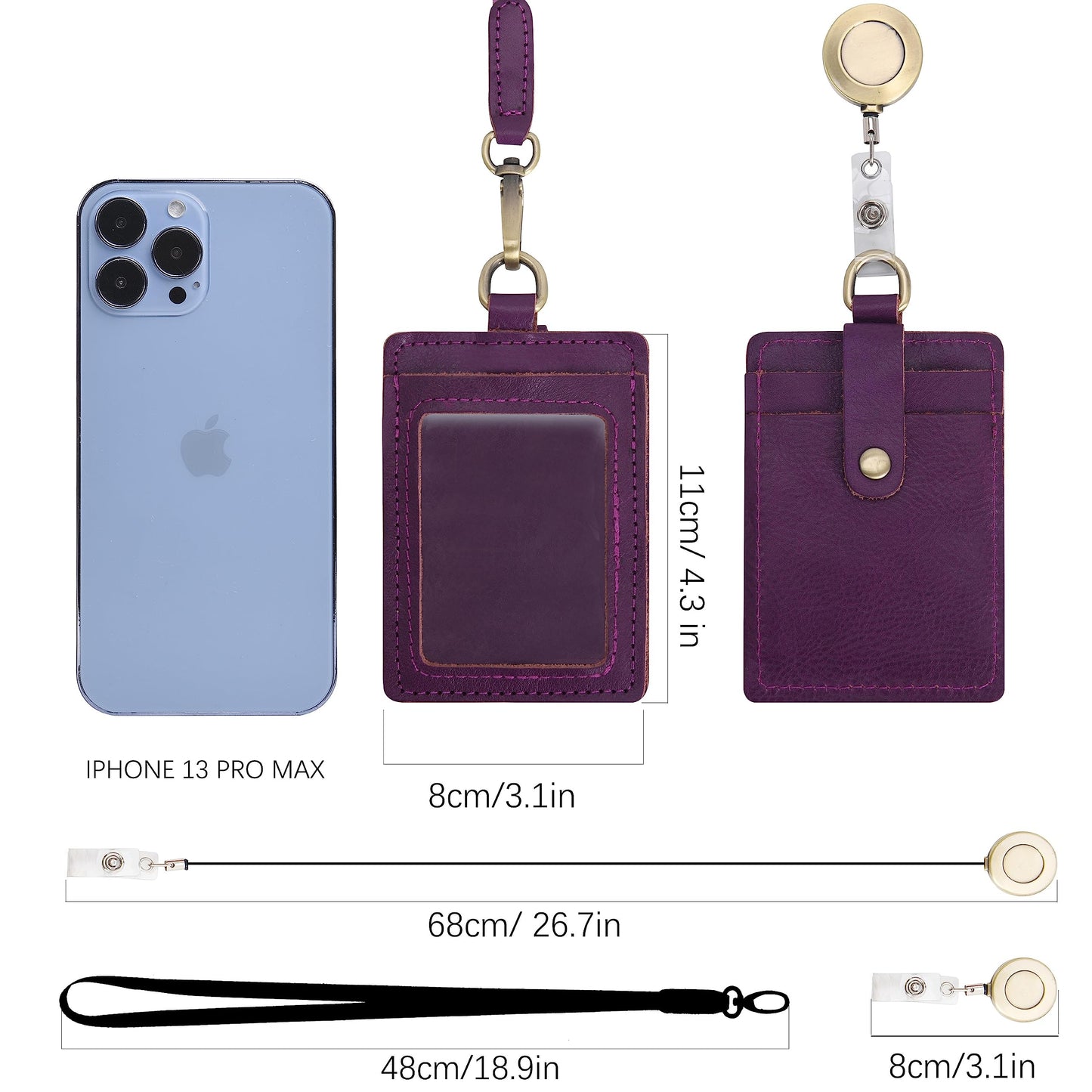 Wonderpool ID Badge Holder Genuine Leather Card Slots Case with Detachable Neck Lanyard and Retractable Badge Reel for Office School Hospital Exhibition ID & Driver Licence (Purple)