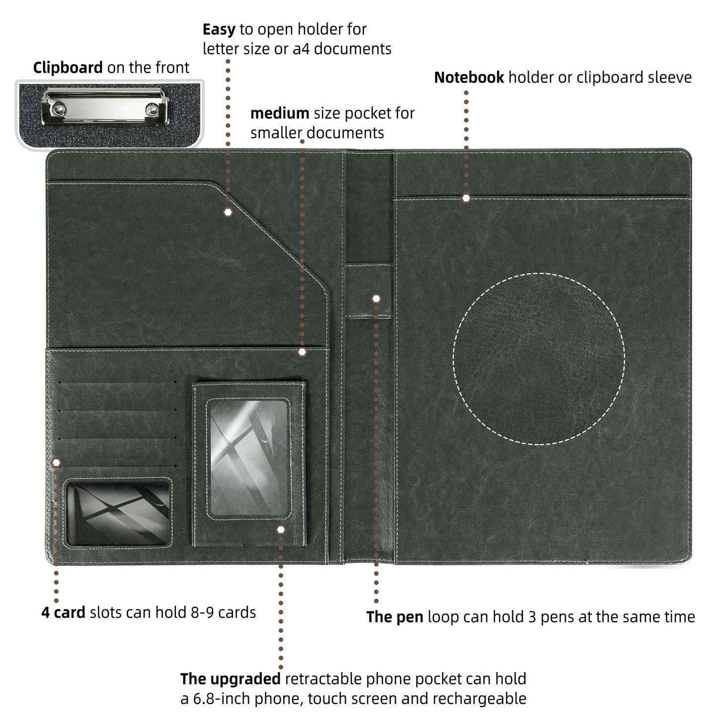 Leather Padfolio with Clipboard Folio Folder Padfolios for Women Black Sparkle Binder with Notepad