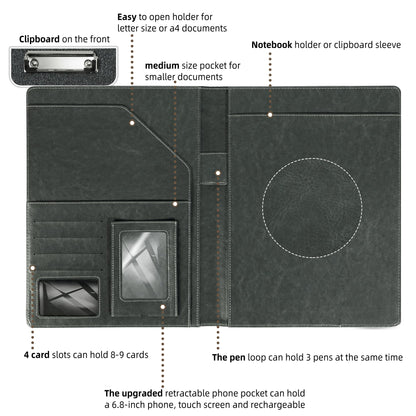 Leather Padfolio with Clipboard Folio Folder Padfolios for Women Black Sparkle Binder with Notepad