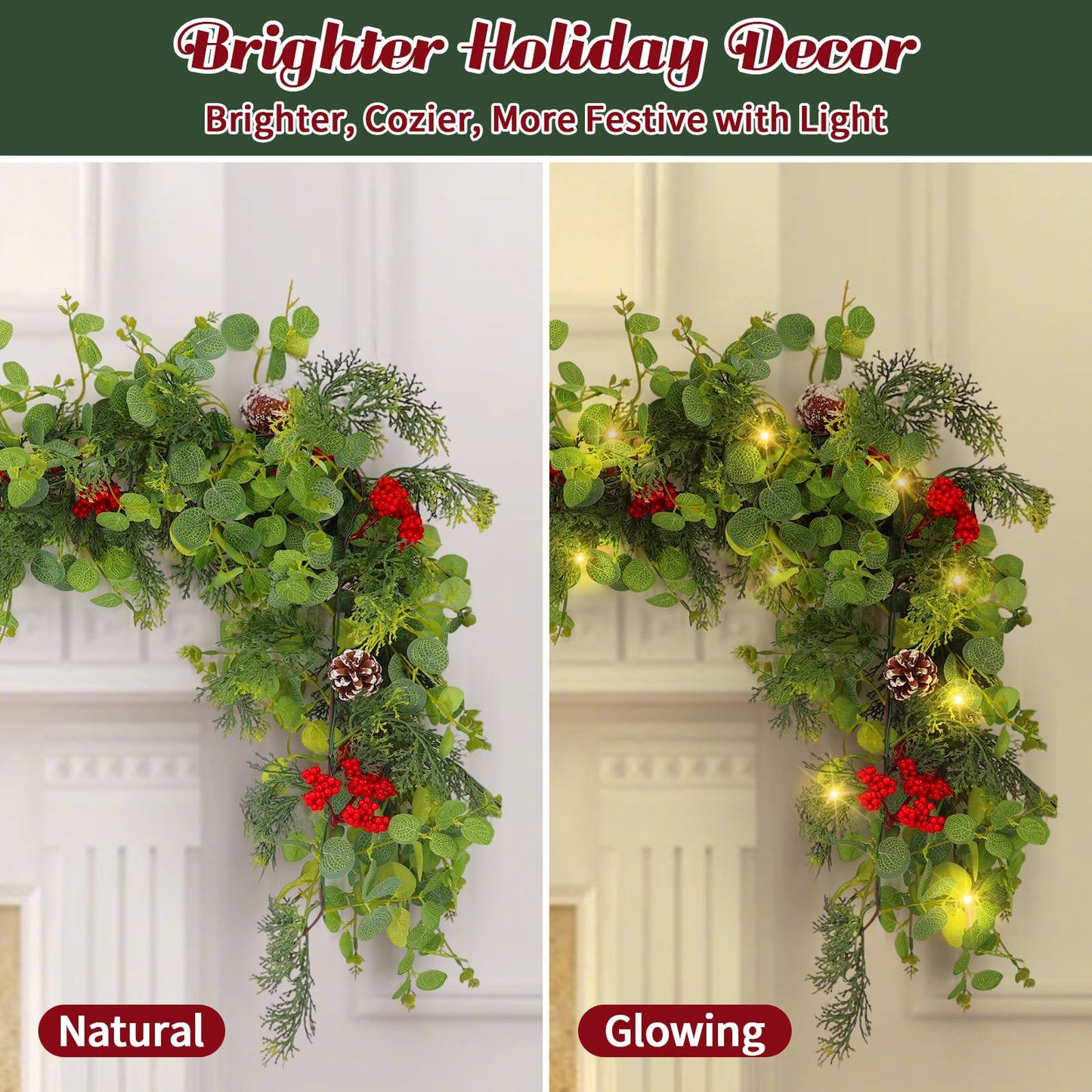 6FT Prelit Christmas Garland with Lights, Realistic Eucalyptus Garland with Artificial Cedar Cypress Leaves Red Berries Pine Cone Greenery Xmas Garland for Mantle Stair Railing Fireplace Decoroation