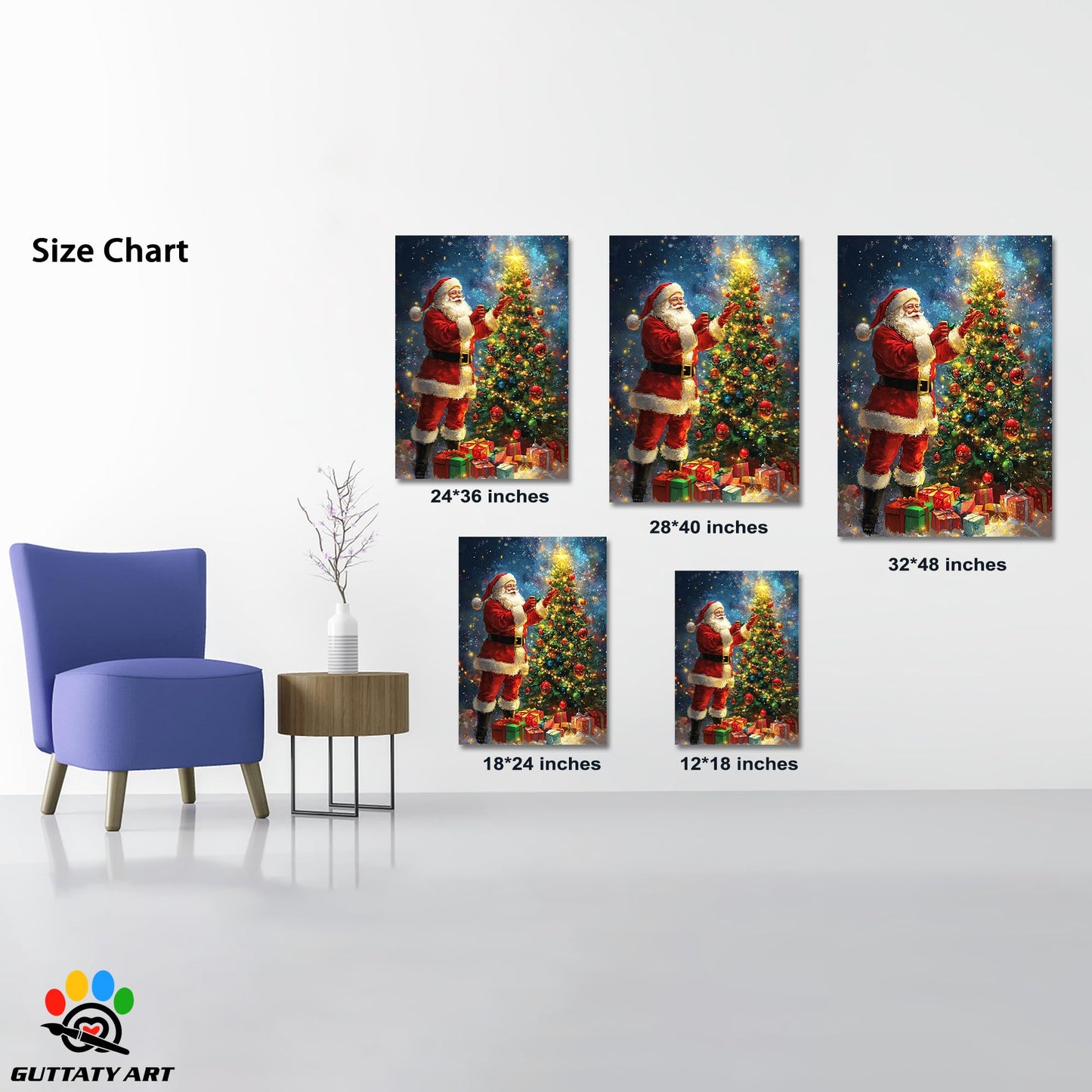 GUTTATY Christmas Canvas Wall Decor, Santa Canvas Wall Art, Lighted Christmas Tree Pictures Wall Decor, Christmas Theme Posters Framed, Xmas Canvas Artworks for Living Room 18x24 Inch
