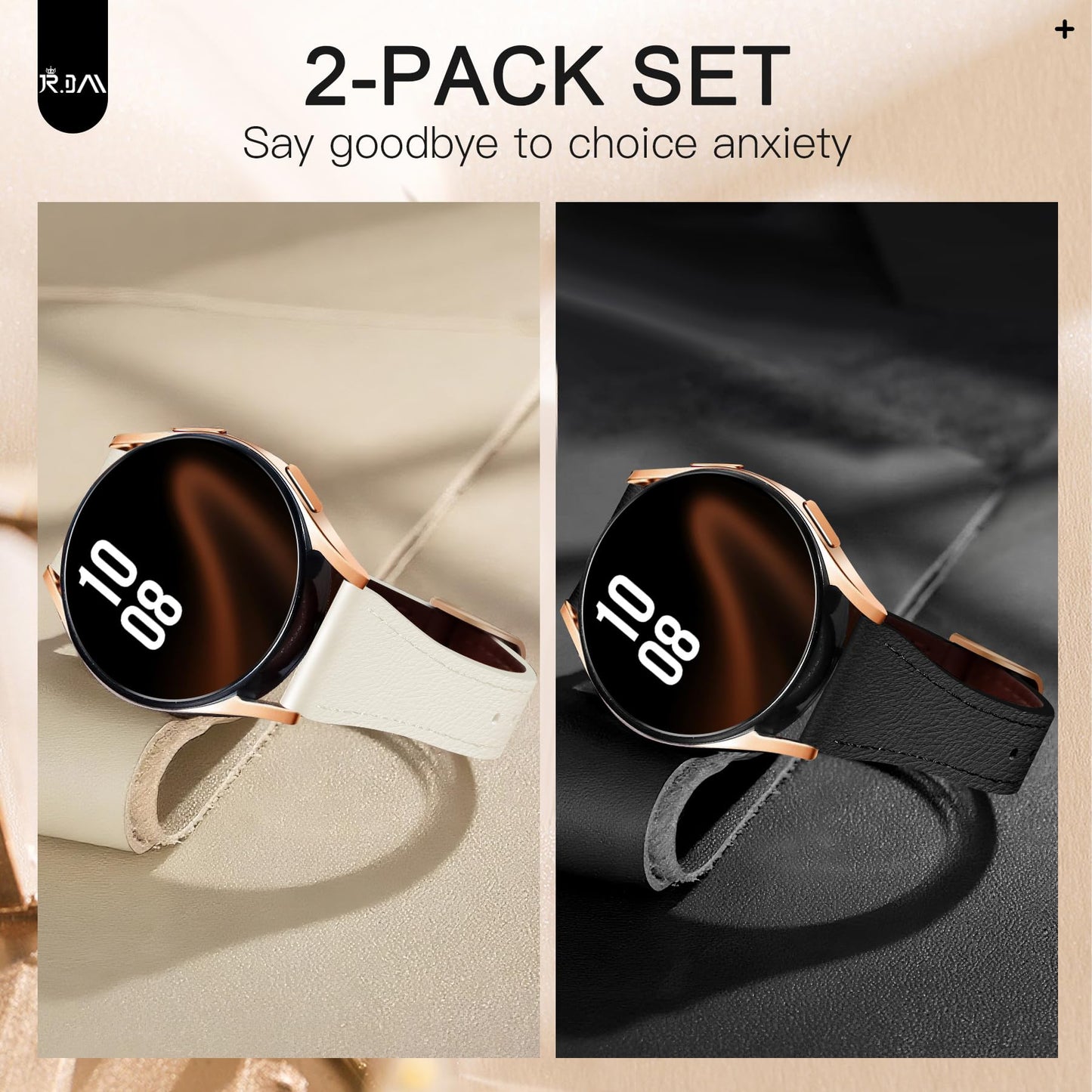 JR.DM 2 Pack Slim Leather Bands Women Compatible with Samsung Galaxy Watch 7/6/5/4/Active 2/4 Classic/6 Classic/5 Pro/FE 40mm 42mm 43mm 44mm 45mm 46mm 47mm, Top Leather Soft Watch Thin Straps，20mm