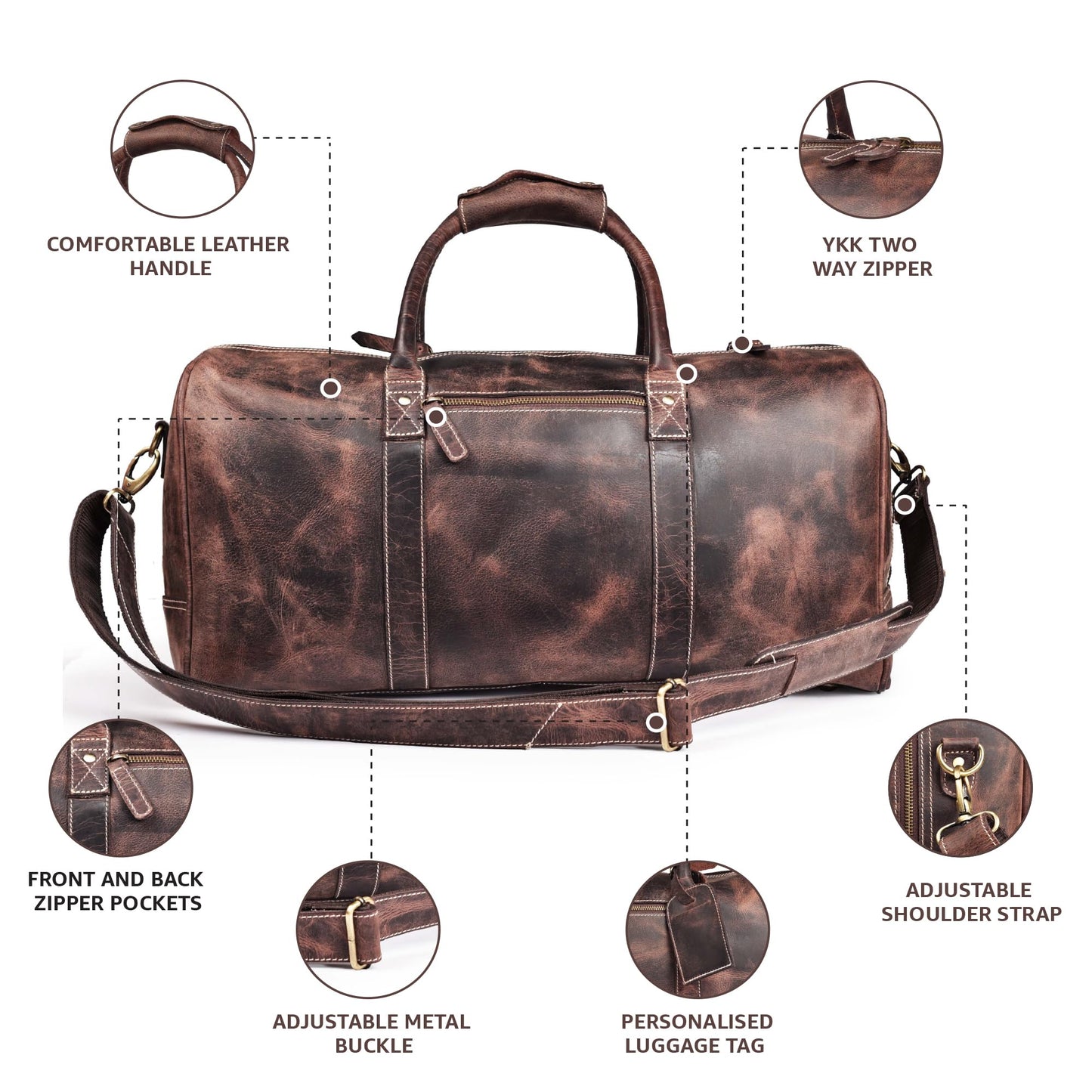 Leather Village Leather Duffel Bags for Men & Women-Stylish Travel Weekender Carry-On Sports Gym Overnight Luggage Bag - 20 Inch - Rustic Brown