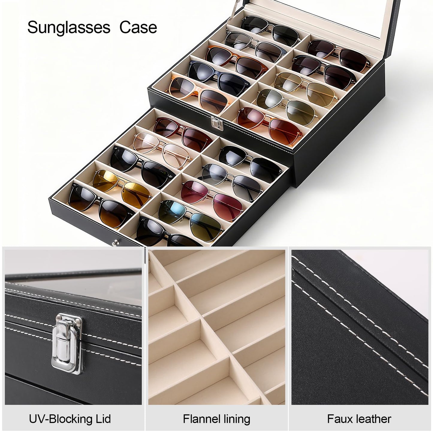 Luckybell 20 Slots PU Leather Sunglasses Organizer Jewelry Box,Multiple Pairs of Large Sunglasses Case Holder with Clear Lid