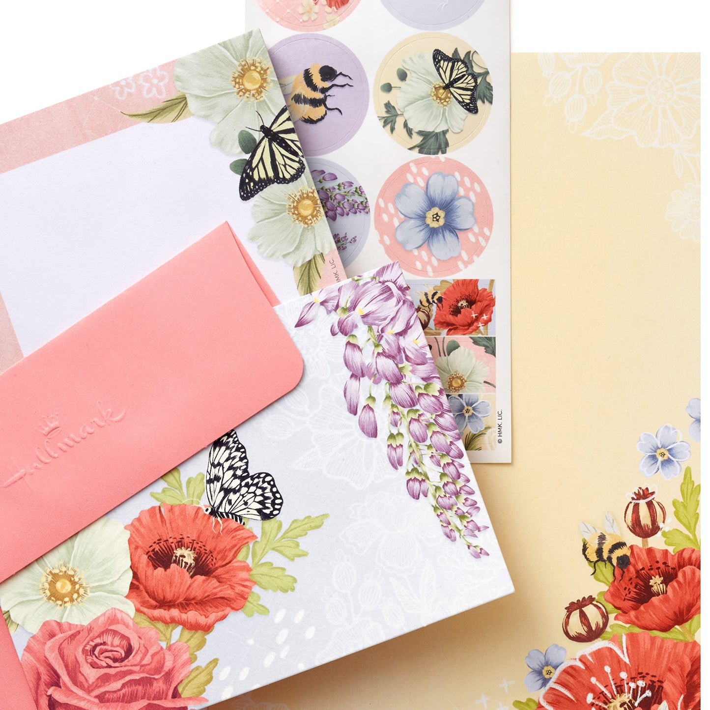 Hallmark Stationery Set with Desk Organizer, Light Pink (10 Blank Cards with Envelopes, 20 Writing Sheets with Envelopes, 75-Sheet Notepad, 30 -Sticker-Seals)