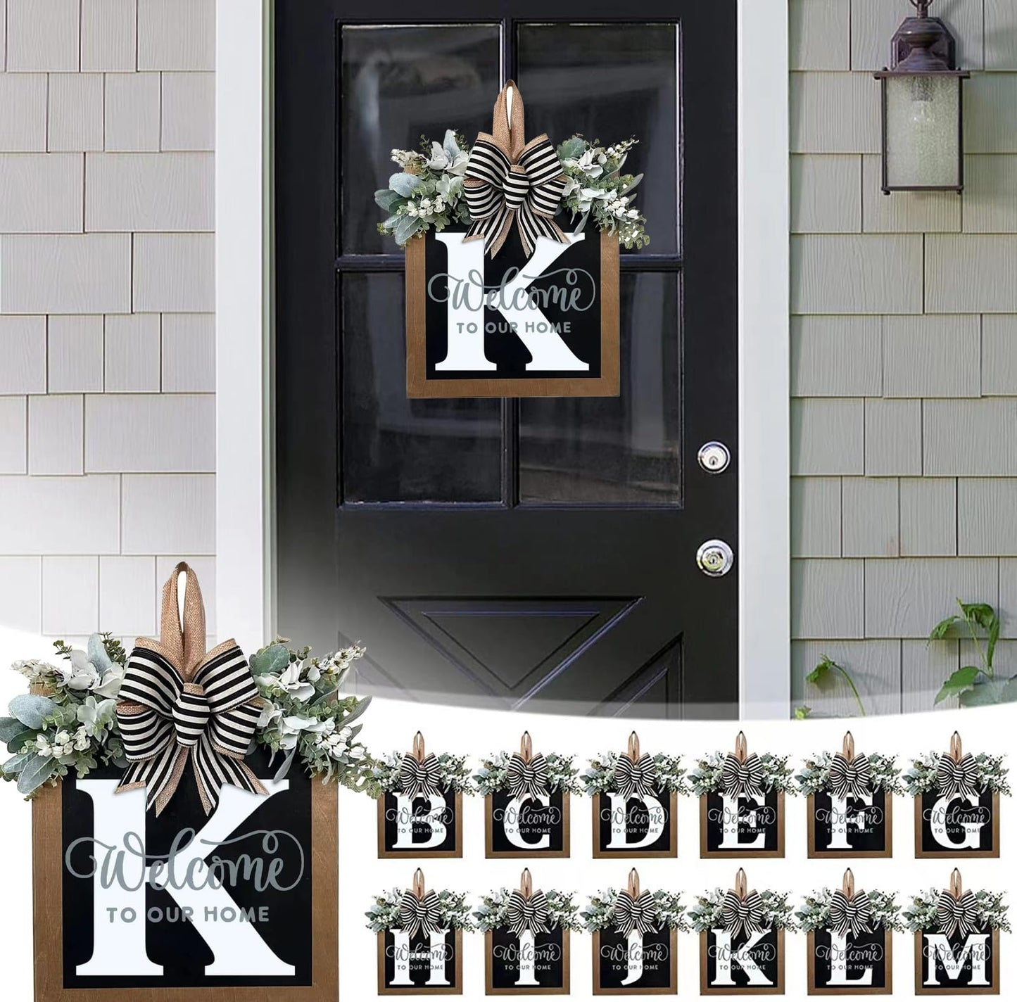 Last Name All Year Round Front Door Wreath with 26 Initial Letter Welcome Sign All Seasons Eucalyptus Garland and Bow ，Farmhouse, Porch, for Spring Summer Fall All Seasons Holiday Halloween Christmas.（K）