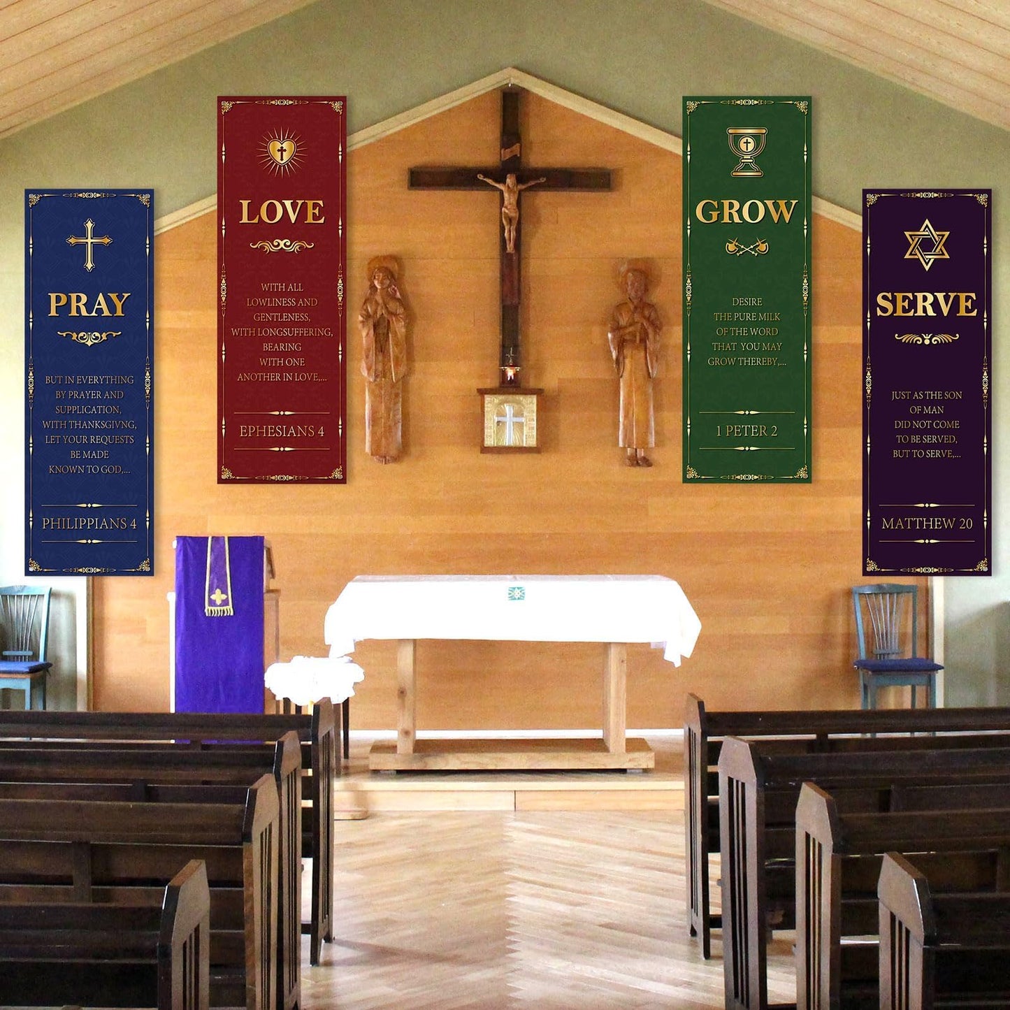 4Pcs Welcome Religious Easter Banners for Church Sanctuary Wall - Hanging Backdrop Worship Christian Nativity Banner Scripture Porch Signs for Easter School Nativity Decor