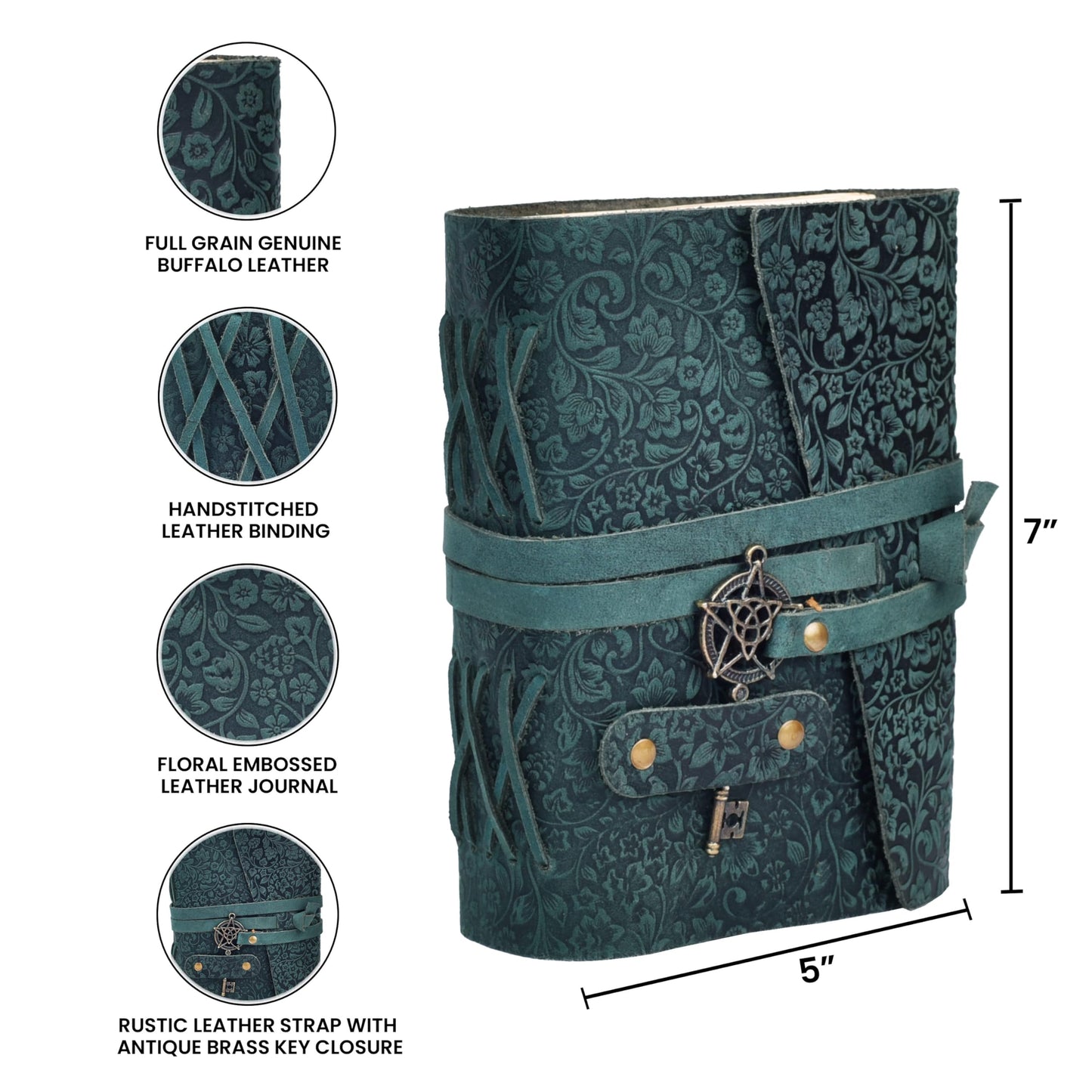 LEATHER VILLAGE Handmade Leather Bound Floral Embossed Journal for Women- Medium | 260 Pages Blank of Vintage Paper Writing, Sketchbook, Notebook - Turquoise - 7X5 Inches