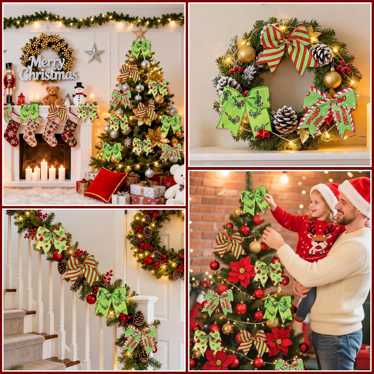 16 Red Green Christmas Bows Decoration, 6 Inch Large Wreaths Bows for Tree Gift Wrapping Garland, Christmas Bows Tree Dot Bows Ribbons Ornaments Christmas Wreath Decorations Wall Home Front Door Decor